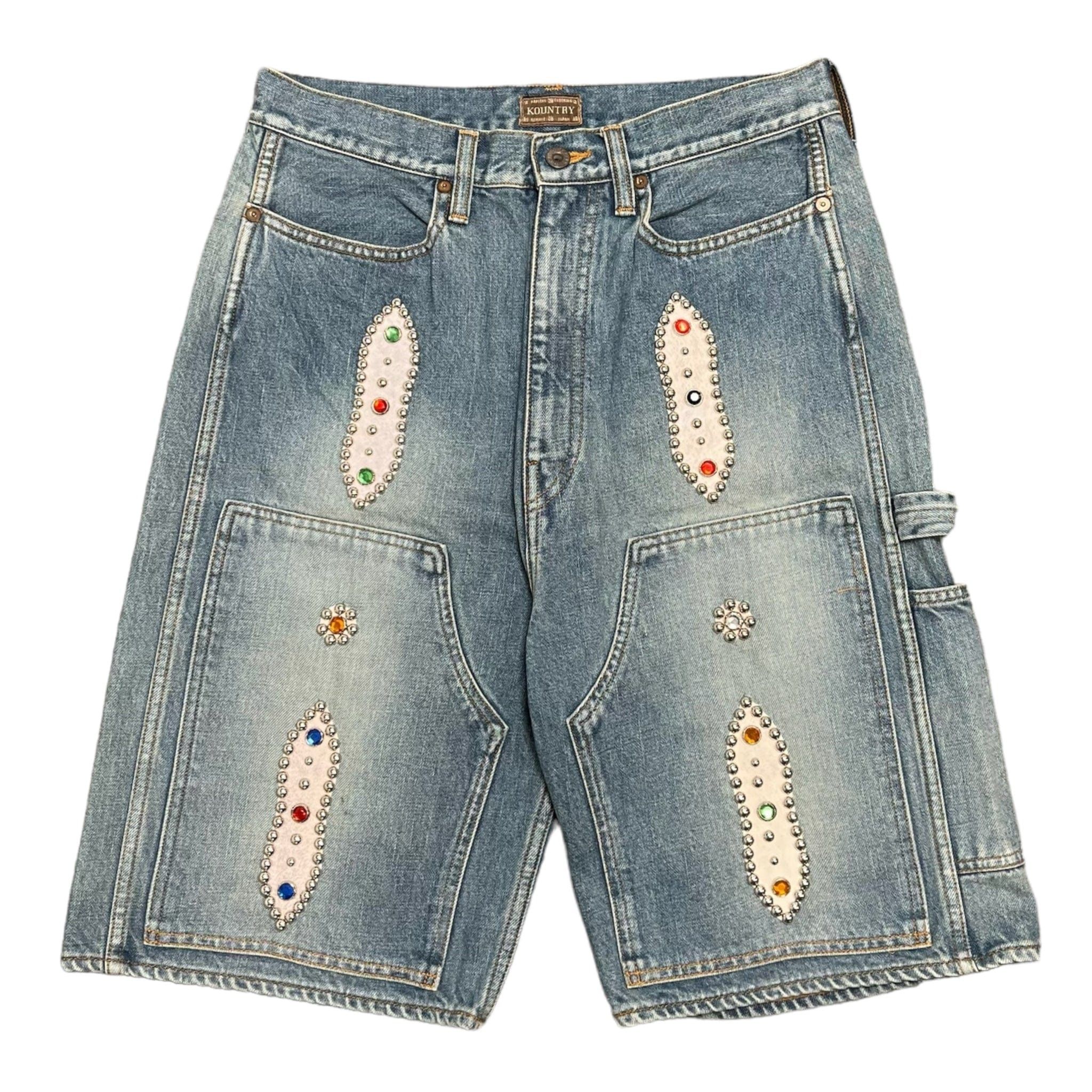Double Knee Studded Jean Shorts Indigo