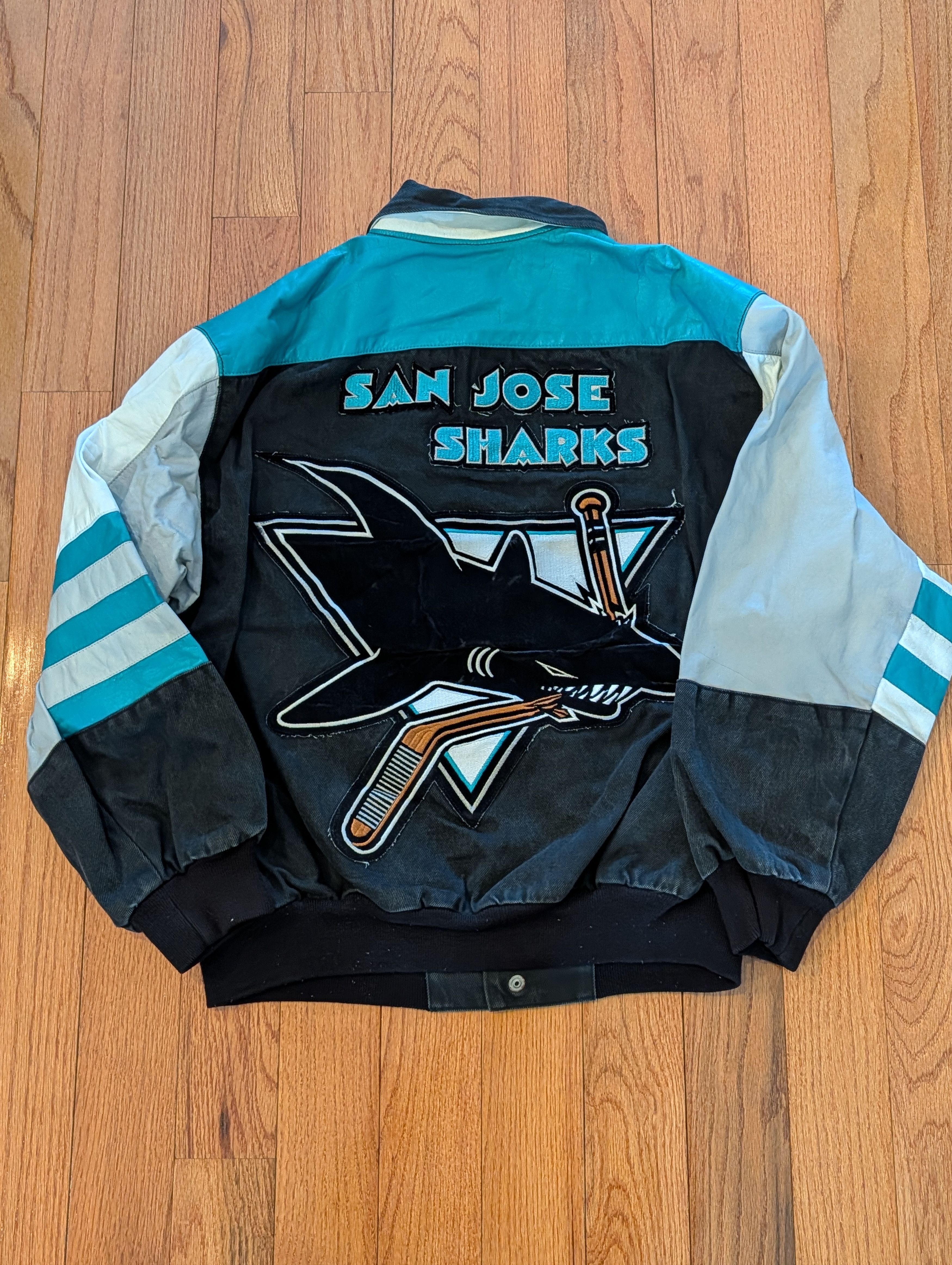 NHL Vtg San Jose Sharks Jeff Hamilton Denim Leather NHL Jacket Size US XL / EU 56 / 4 - 1 Thumbnail