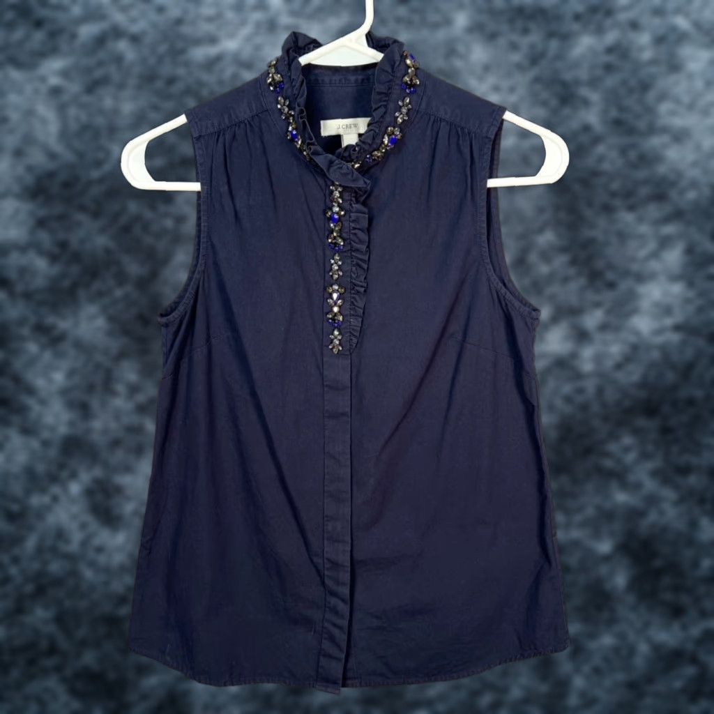 J.Crew J. Crew Blouse Navy Blue Sleeveless Cotton Embellished Jeweled Collar 00 Size XXS / US 00 / IT 34 - 1 Thumbnail