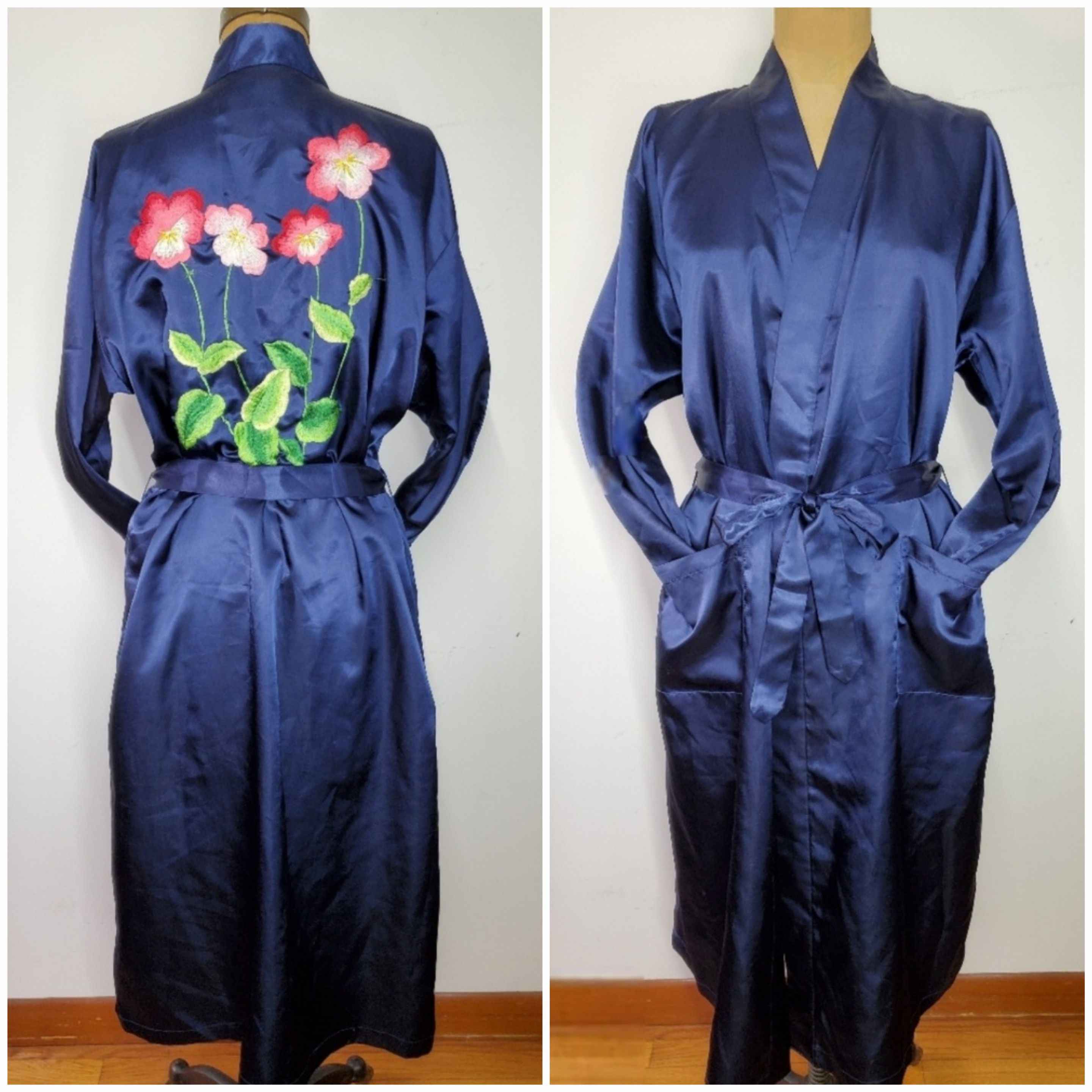 Other Courtney & Co. Size L Robe Navy Blue Satin Flower Floral Size L / US 10 / IT 46 - 12 Thumbnail
