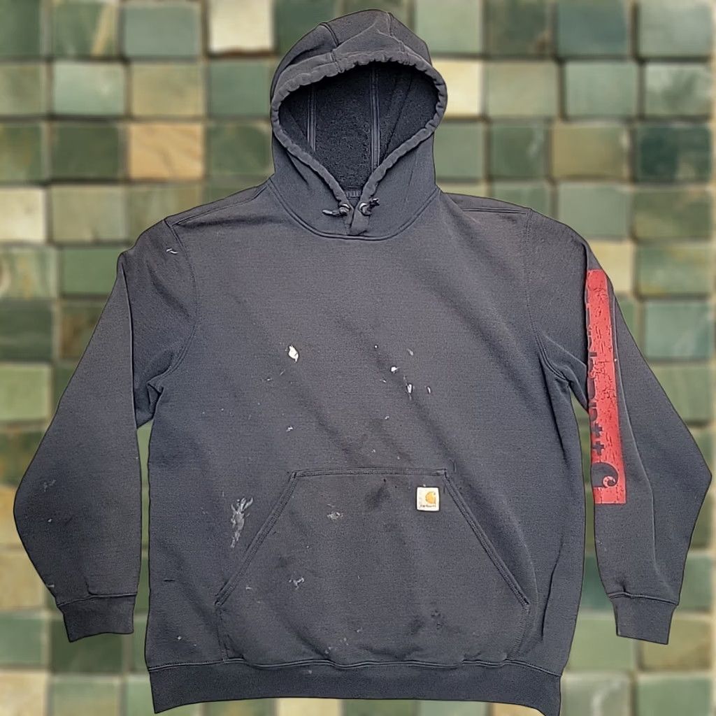 Carhartt Carhartt Hoodie Mens XL Distressed Hooded Pullover Fleece Sweatshirt Workwear Blue Cotton Blend Logo Solid Long Sleeve Pullover Mens Size US XL / EU 56 / 4 - 1 Thumbnail