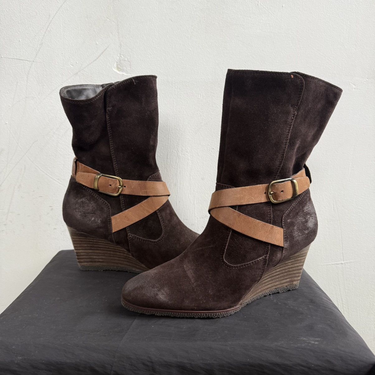 Japanese Brand Paul Green Brown Suede Wedge Boots With Buckles Size US 8 / IT 38 - 2 Thumbnail