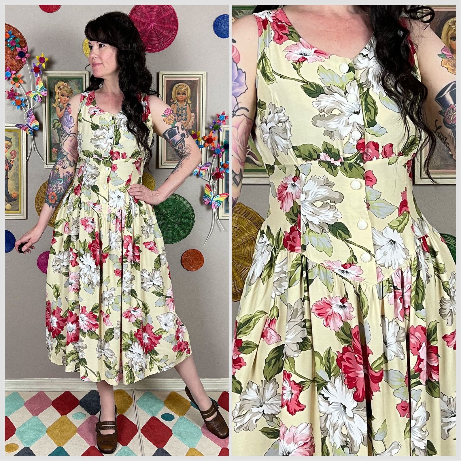 Vintage Vintage 1990s Yellow Floral Sleeveless Midi Sundress Size S / US 4 / IT 40 - 1 Thumbnail