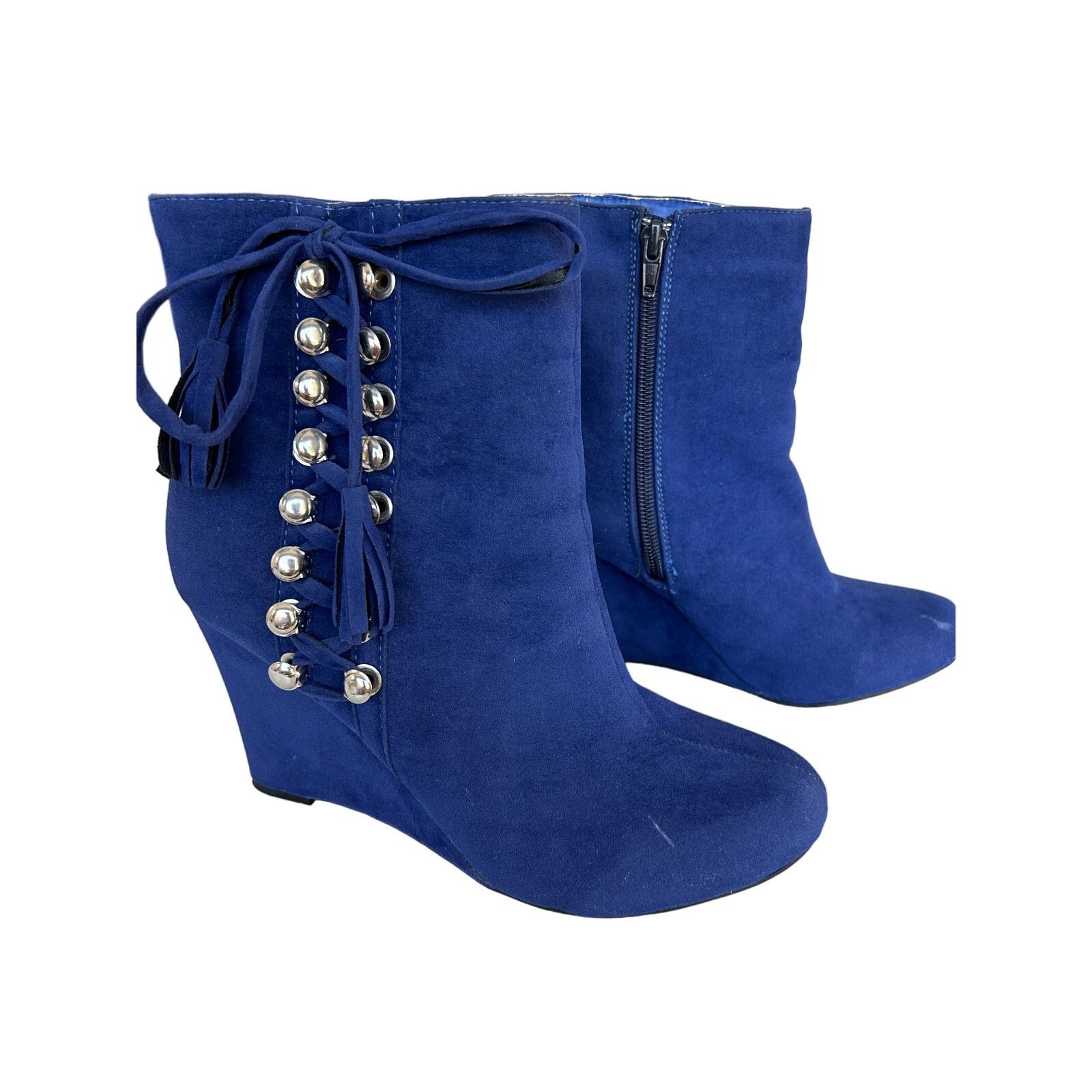 United Bamboo Blue velvet side lacing wedge heeled booties 8/38 Size US 8 / IT 38 - 1 Thumbnail
