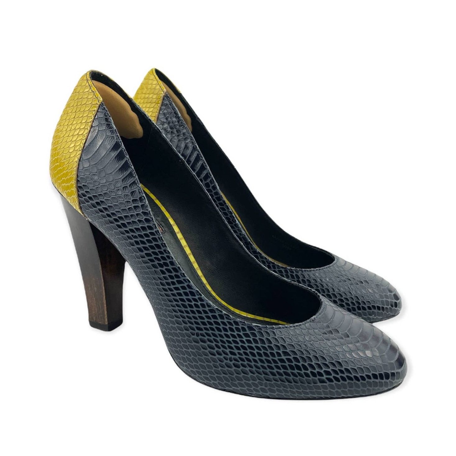 7 For All Mankind Wooden Heels Pumps Blue Yellow Snake Style 10 Leather Size US 9 / IT 39 - 1 Thumbnail