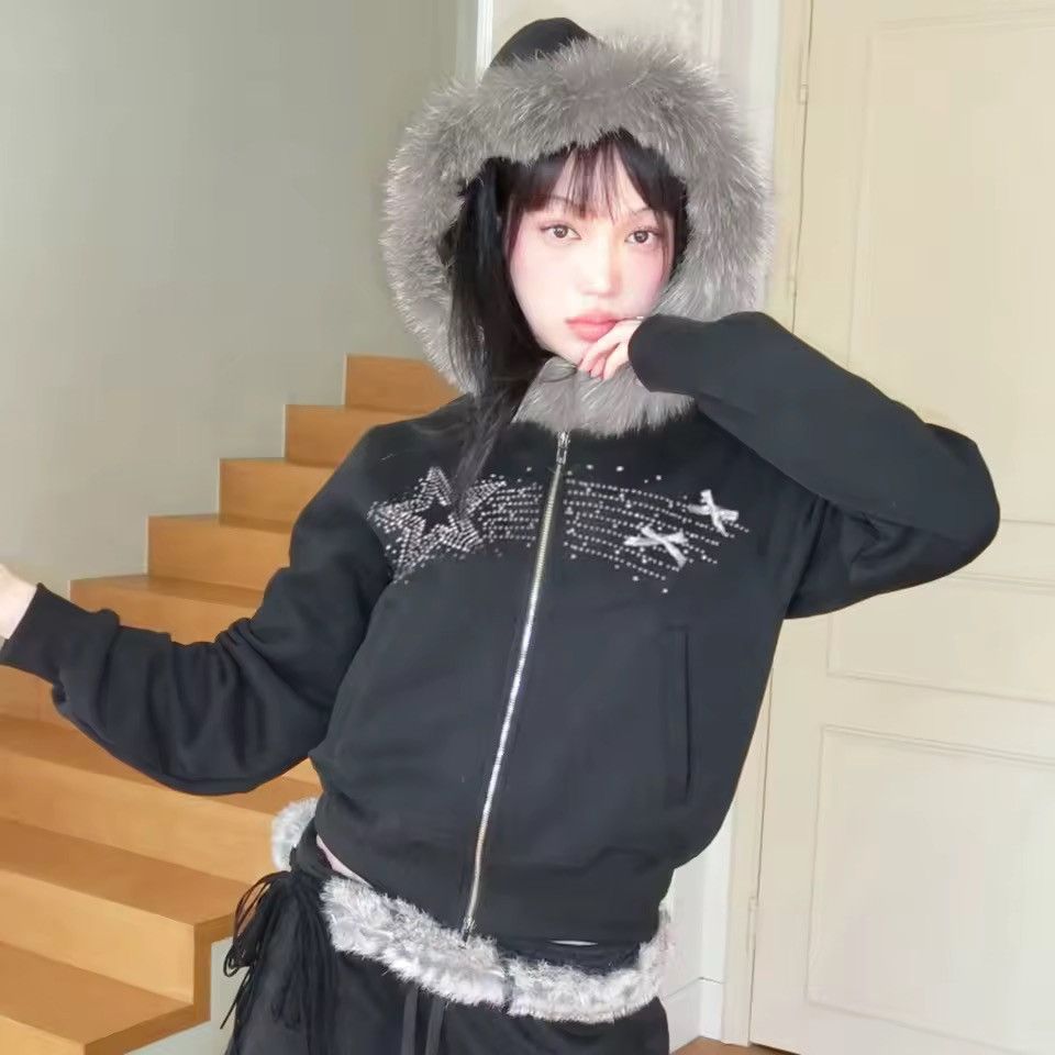 Other Y2k Rhinestone Fur Hooded Jacket Zipper Hoodie Retro Size S / US 4 / IT 40 - 5 Thumbnail