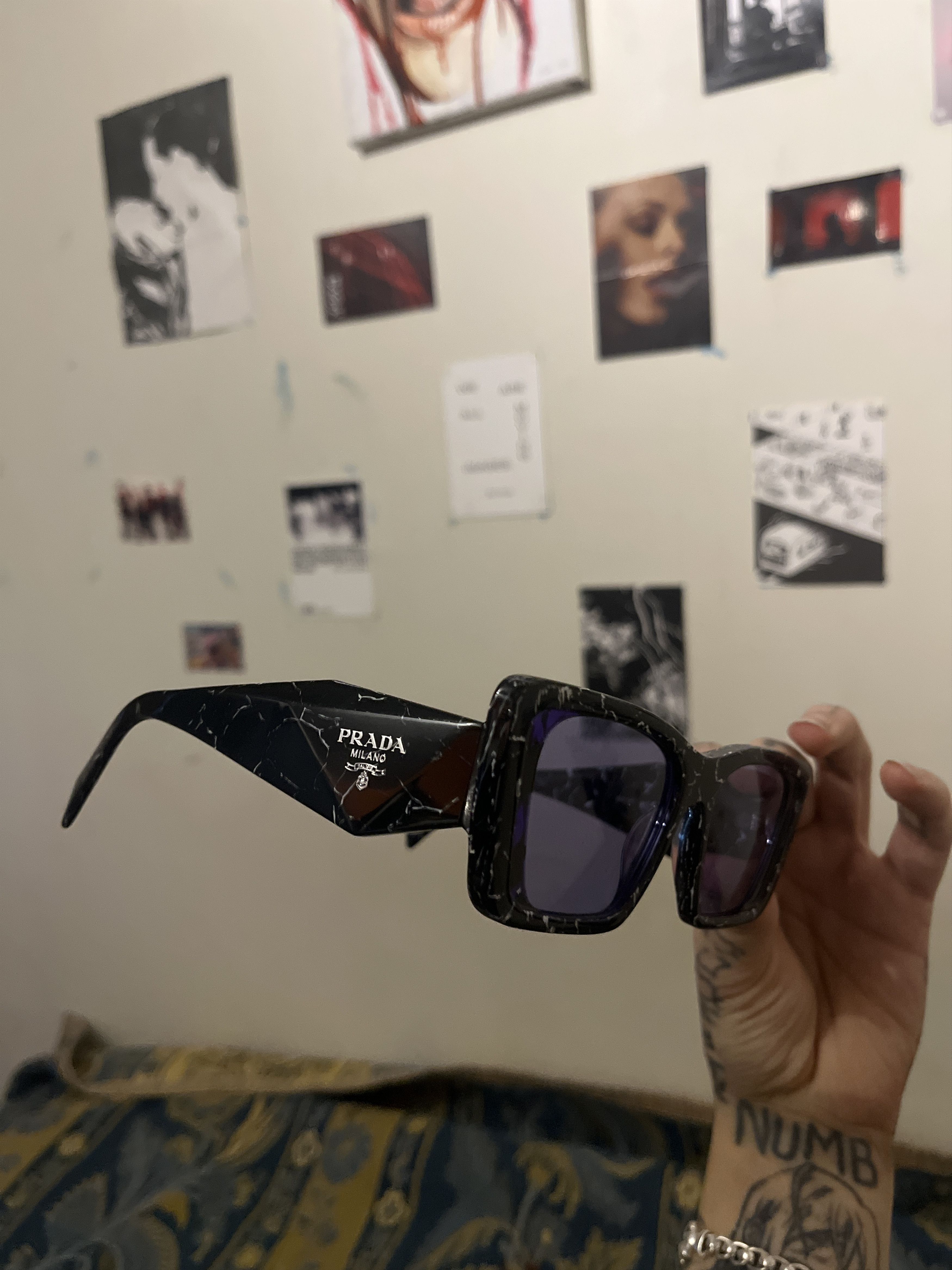 Prada Prada SPR08Y Marble Sunglasses Blue Lens Black White Acetate Size ONE SIZE - 1 Thumbnail
