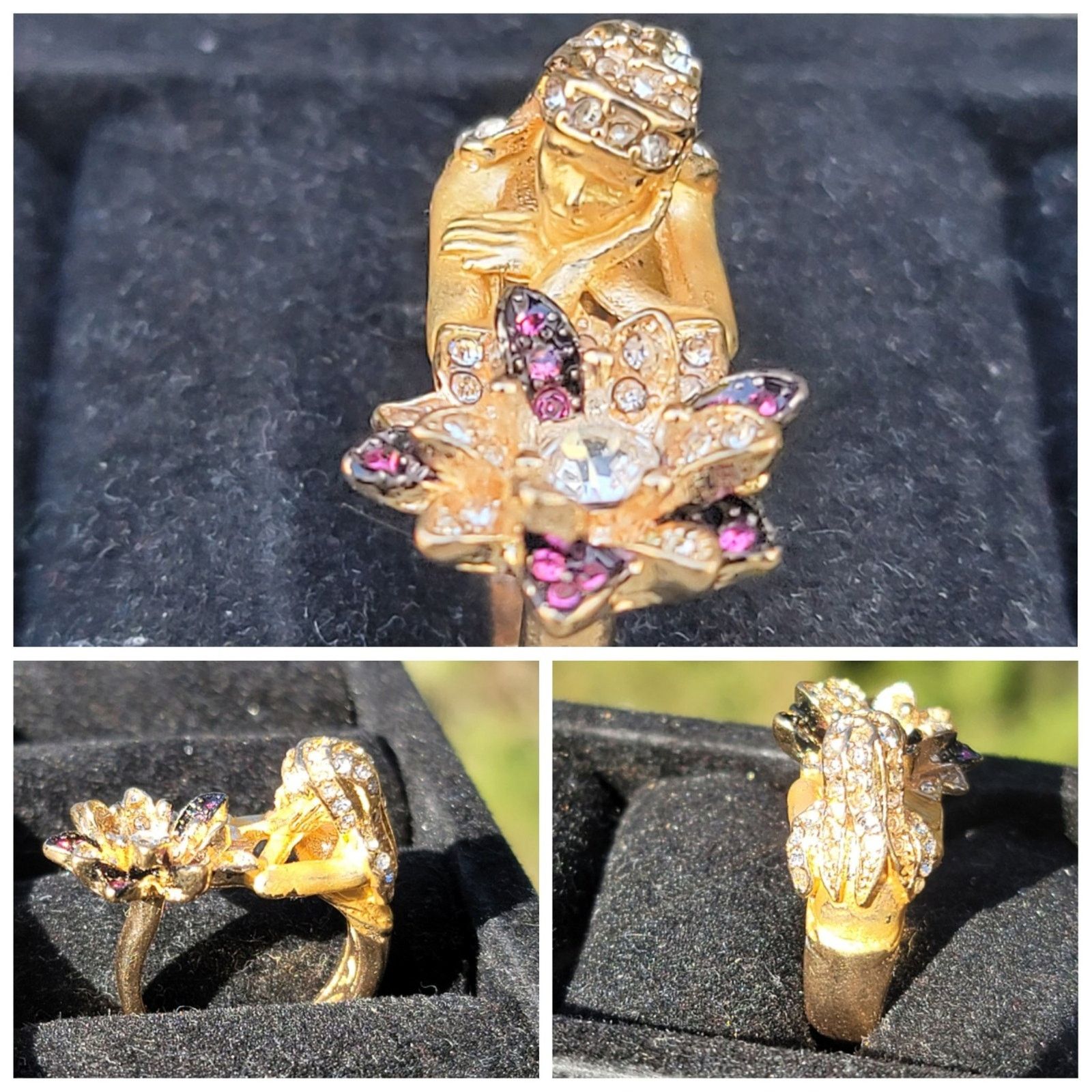 The Unbranded Brand Gold Tone Girl Flower Rhinestone Ring Size ONE SIZE - 1 Thumbnail
