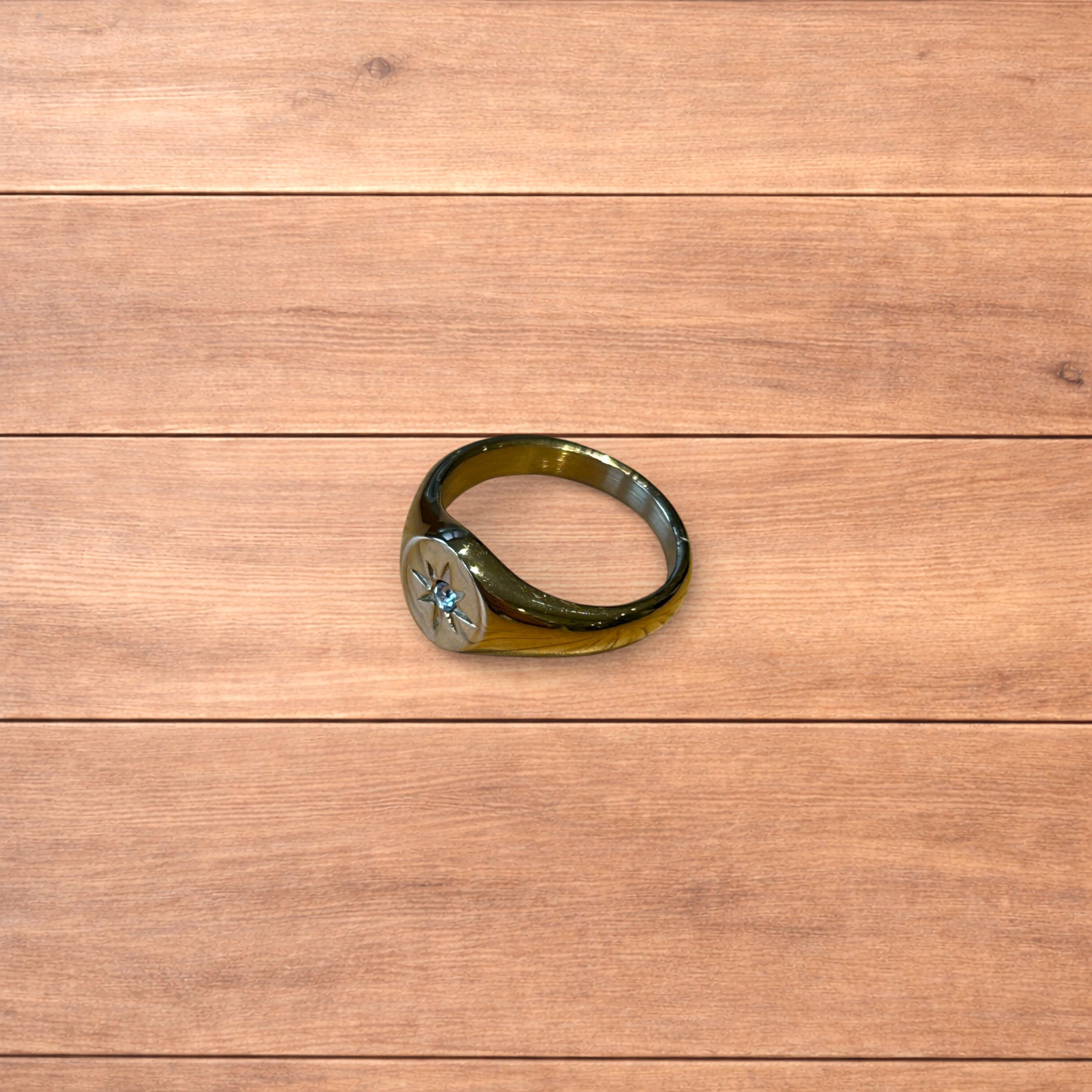 Japanese Brand Vintage style signet ring with diamond star detail in gold. Size ONE SIZE - 6 Thumbnail