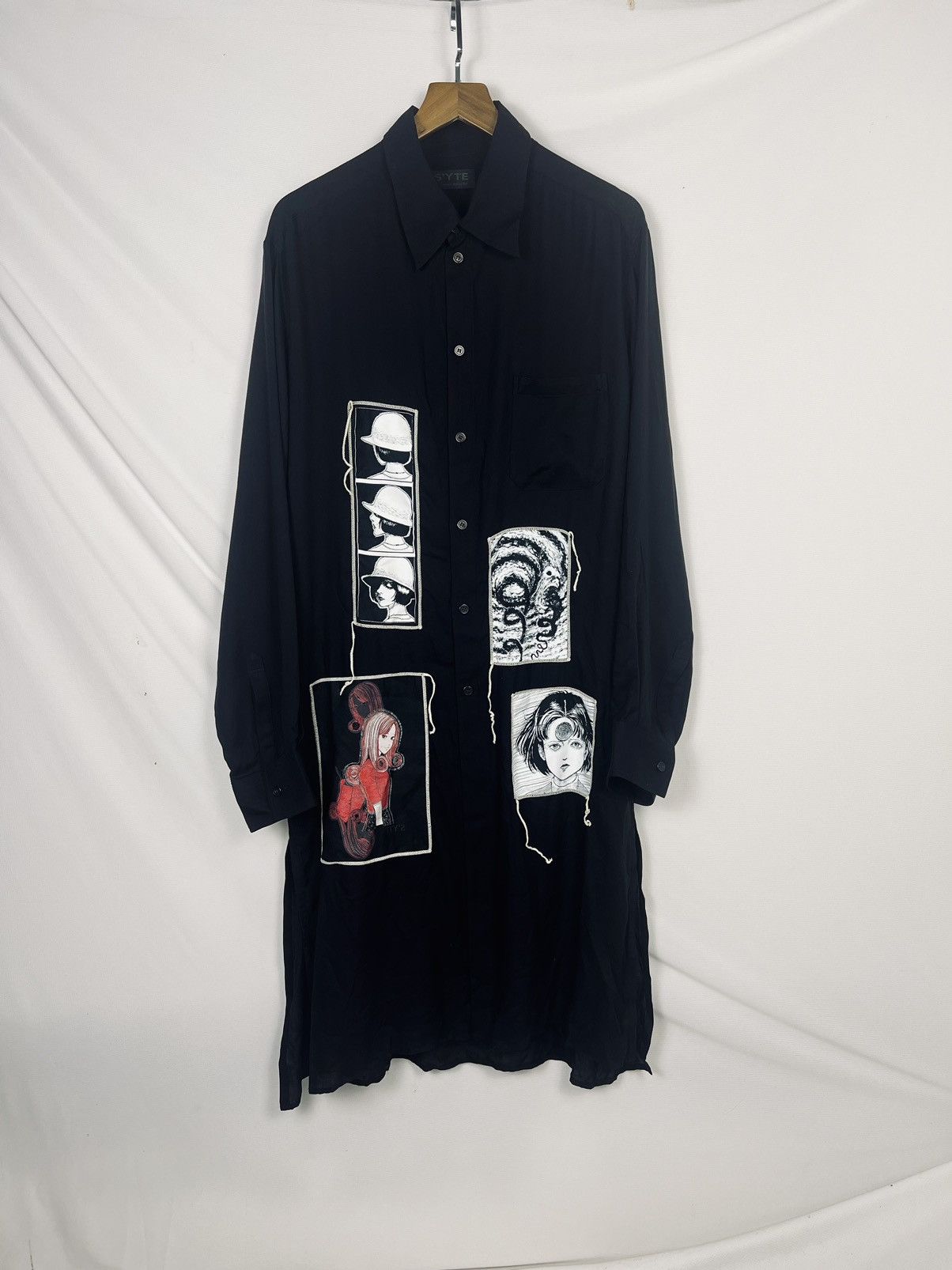 image of Junji Ito X Yohji Yamamoto "uzumaki" Tencel Long Shirt in Black, Men's (Size Medium)