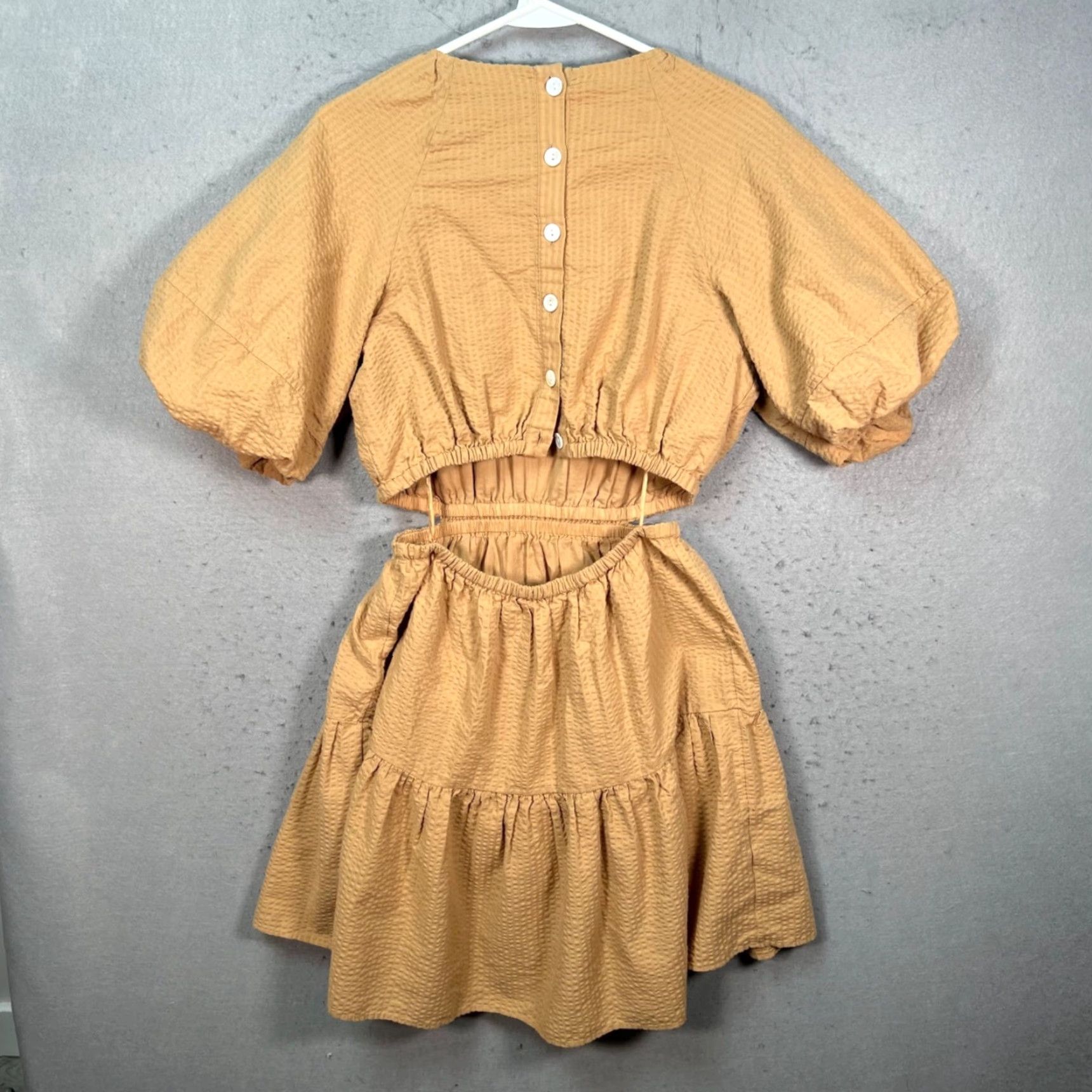 Madewell Madewell Dress Beig e Short Puff Sleeve Textured Cotton Elastic Waist Button Back A-Line Mini Women S Small Size S / US 4 / IT 40 - 2 Thumbnail