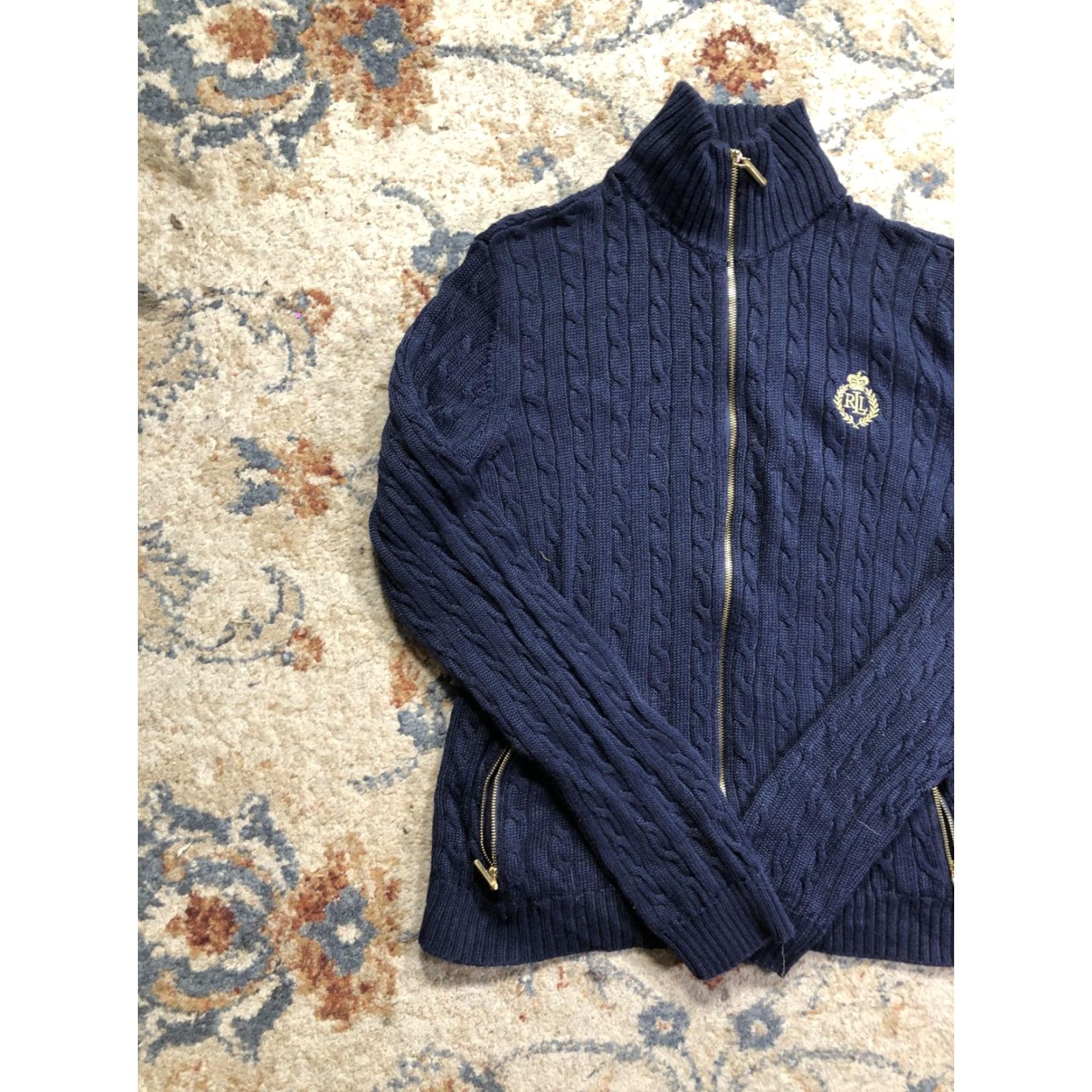 Ralph Lauren VINTAGE? No. Lauren Ralph Lauren Sweater Womens M Navy Cable Knit Full Zip RL Crest Size M / US 6-8 / IT 42-44 - 3 Thumbnail