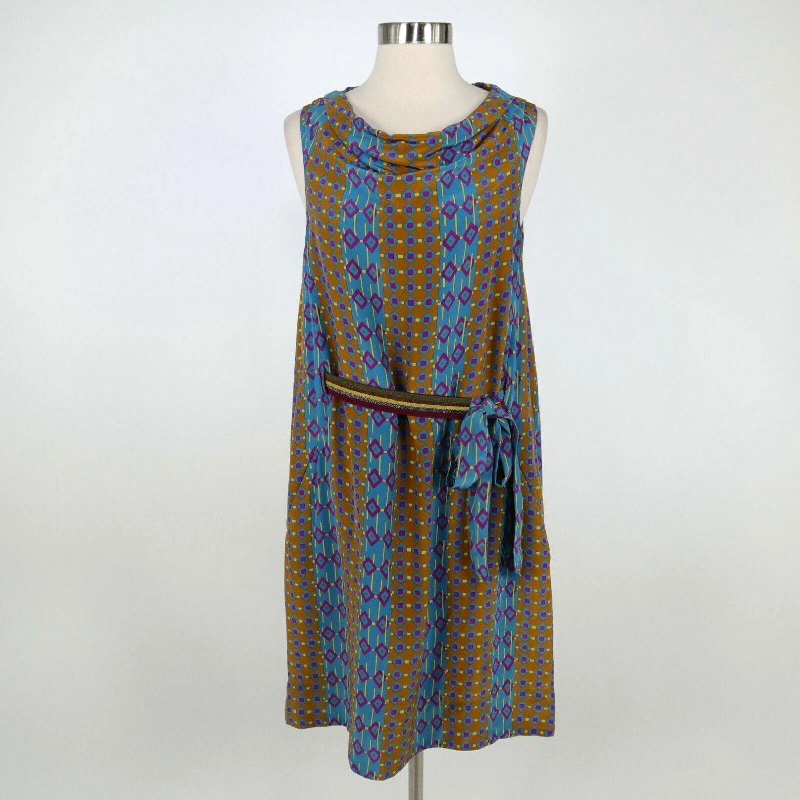 image of Marc By Marc Jacobs Silk Shift Dress S Small Belted Brown Blue Print Cowl Neck in White, Women's