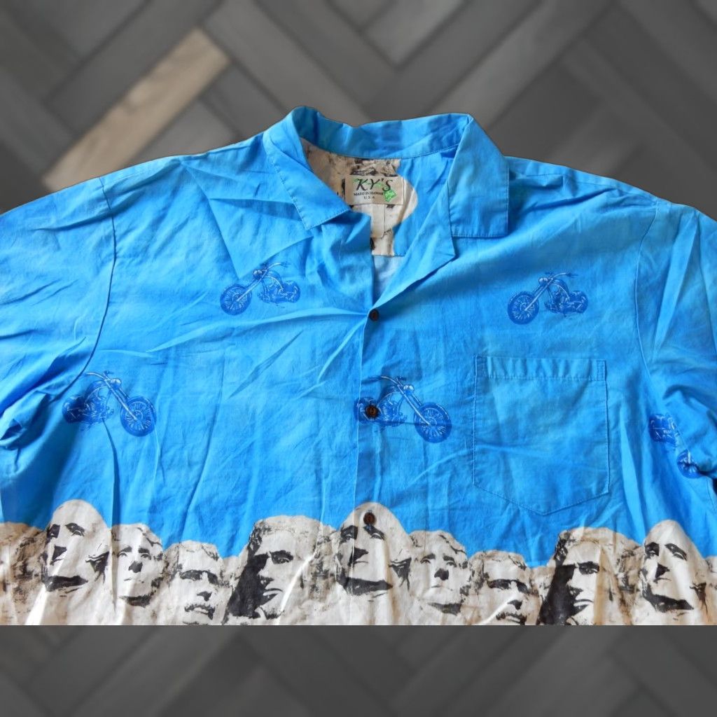 Vintage VINTAGE Ky's Men's Hawaiian Shirt 3XL Short Sleeve Cotton Blue Mount Rushmore Motorcycles Size US XXL / EU 58 / 5 - 1 Thumbnail