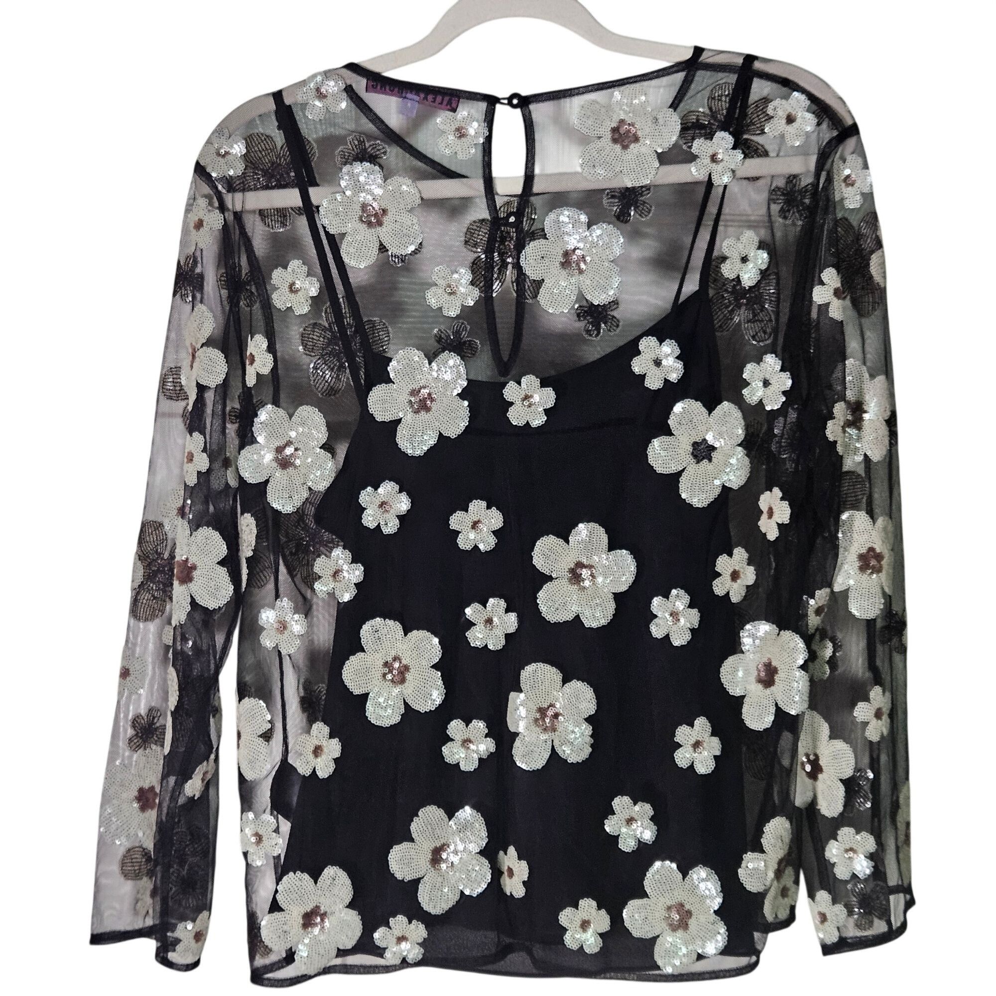 Other ALEXACHUNG Women Mesh Floral Top 4 Black Sheer Sequin Y2K Co Size S / US 4 / IT 40 - 4 Thumbnail