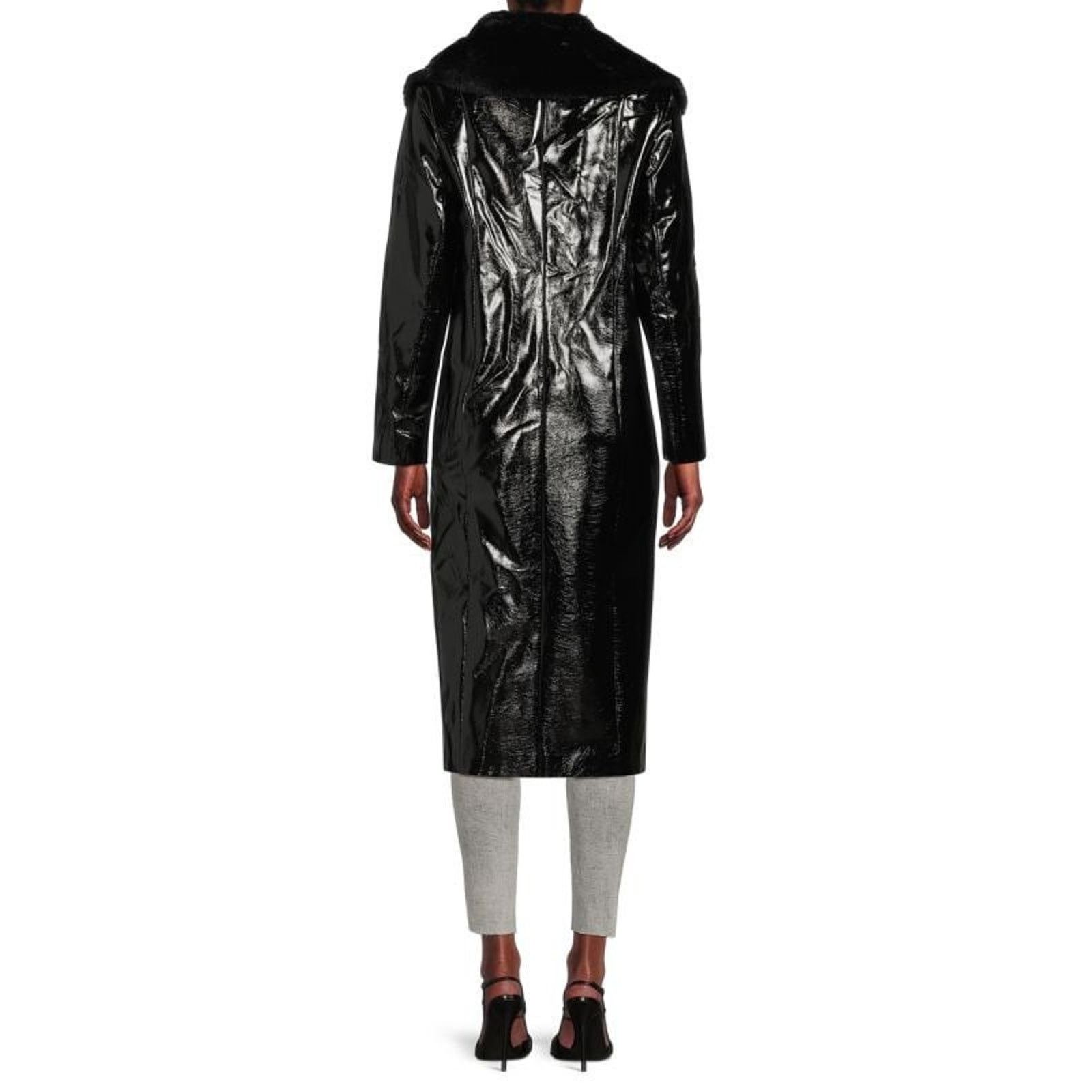 Area NWT Women's Stella Faux Fur & Vinyl Trench Coat,Black,Medium Size M / US 6-8 / IT 42-44 - 3 Thumbnail
