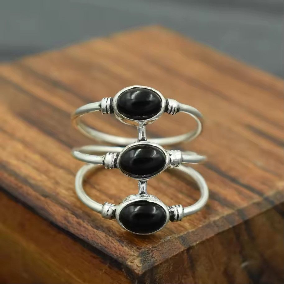 Jewelry three-layer oval black agate ring (size 6-10) Size ONE SIZE - 4 Thumbnail