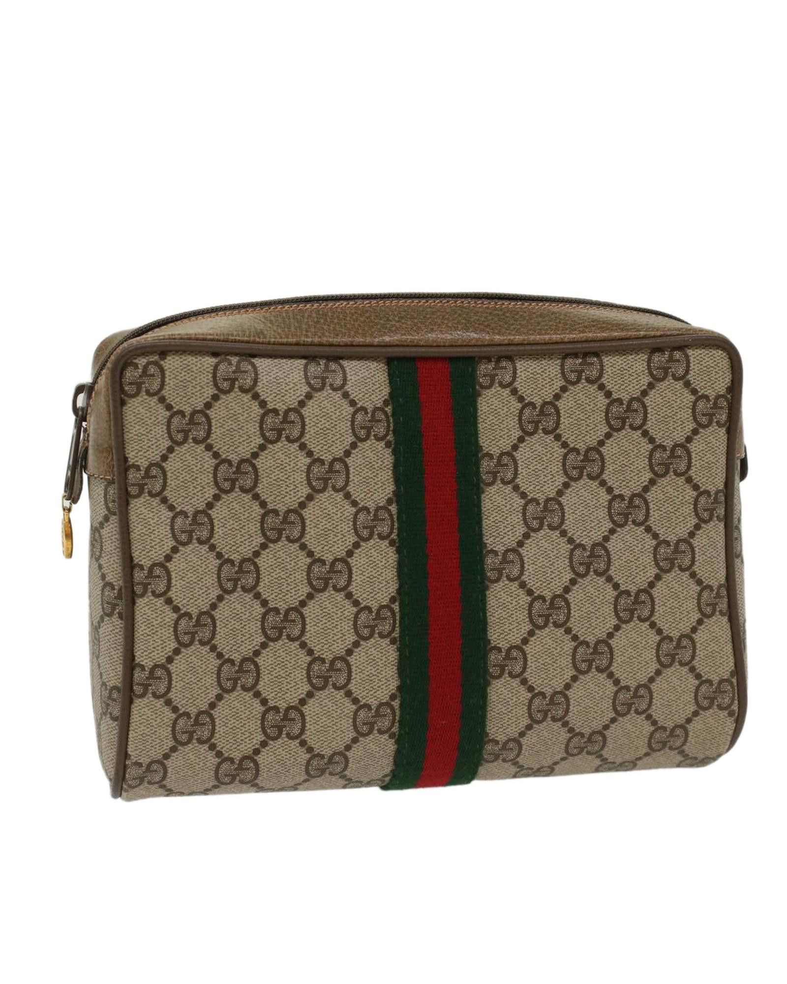 image of Gucci Classic Canvas Clutch Bag With Green And Red Accents in Beige, Women's