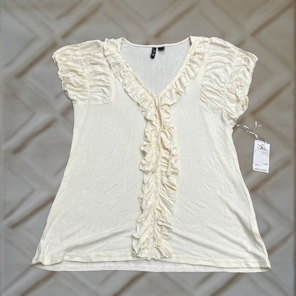 Vintage Dollz Blouse Shirt Womens XL Ivory V-Neck Short Sleeve Casual Stretch NWT Ruffle Knit Lightweight Easy Care Solid Designer 90s? Size XL / US 12-14 / IT 48-50 - 1 Thumbnail