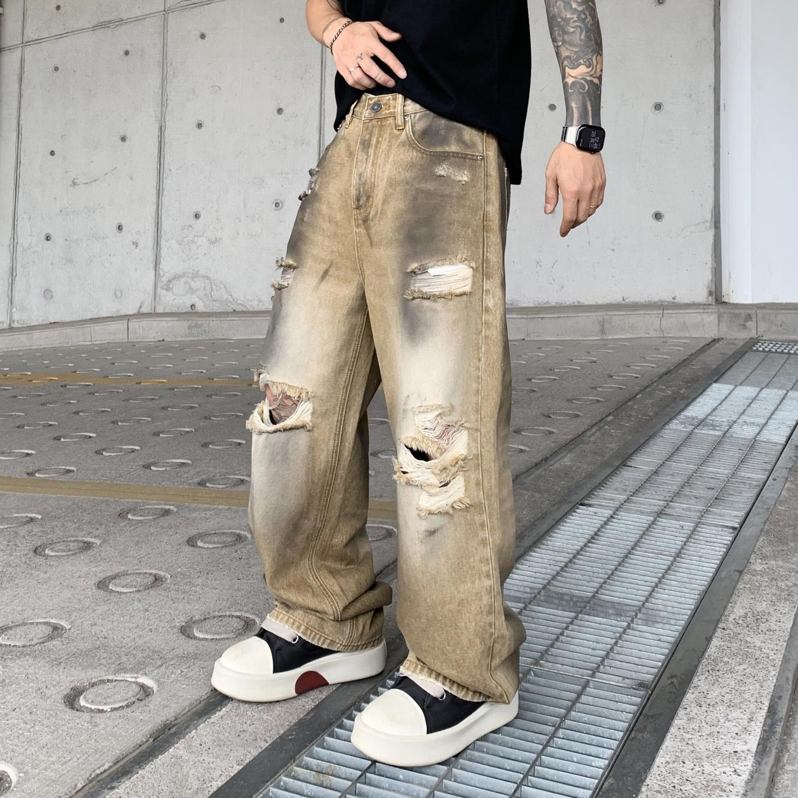 Japanese Brand Beige Distressed Baggy Denim Jeans, Wide Leg Ripped Jeans Size US 32 / EU 48 - 1 Thumbnail