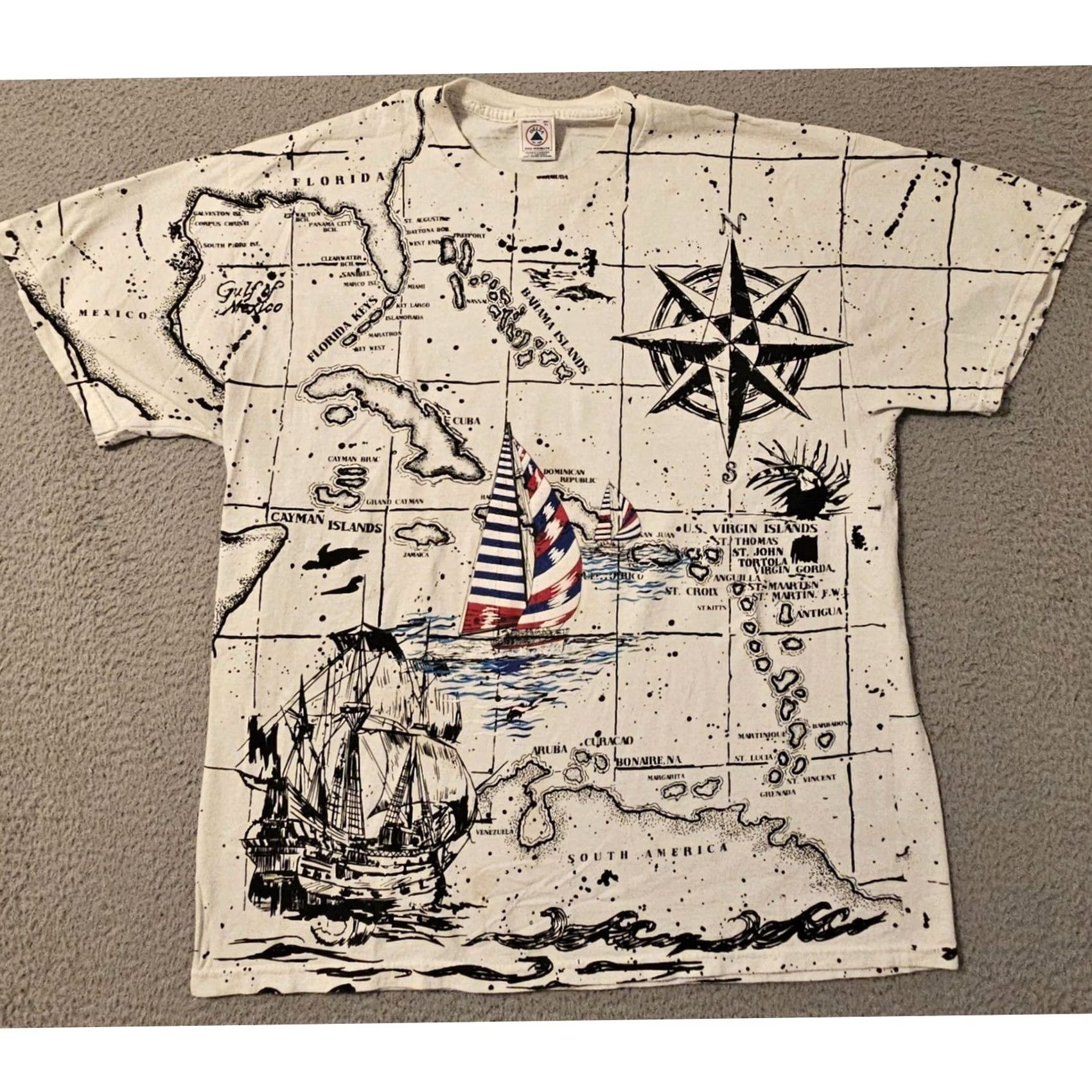Delta VINTAGE Stanley Michaels AOP Map Caribbean Parrot Pirate Ship Graphic Shirt XL White Stain 29.5 22.5 Inches Mens Size US XL / EU 56 / 4 - 2 Thumbnail