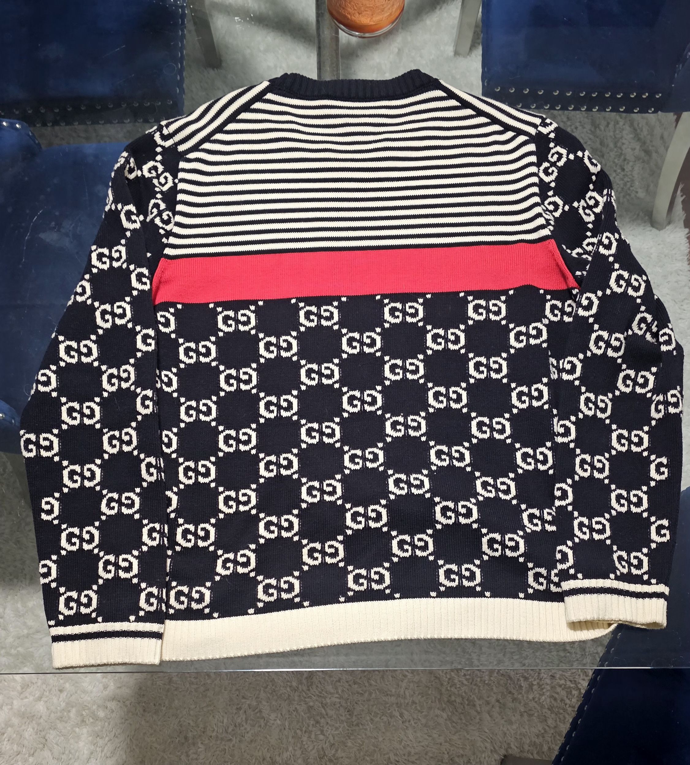 Gucci GucciMen's GG Logo Striped Knit Sweater DarkBlue Size US L / EU 52-54 / 3 - 3 Thumbnail