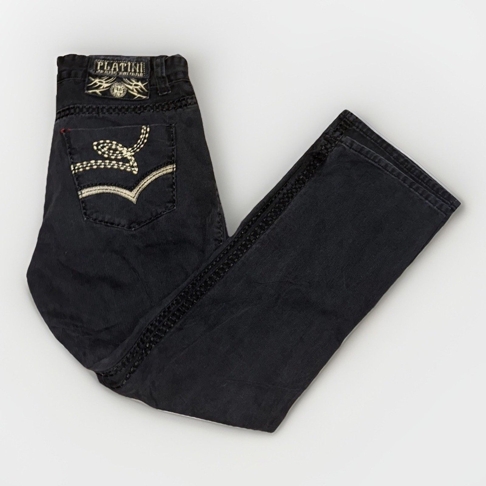 Vintage Platini Jeans Cougar Embroidered Pants Black Missing Button Size US 33 - 1 Thumbnail