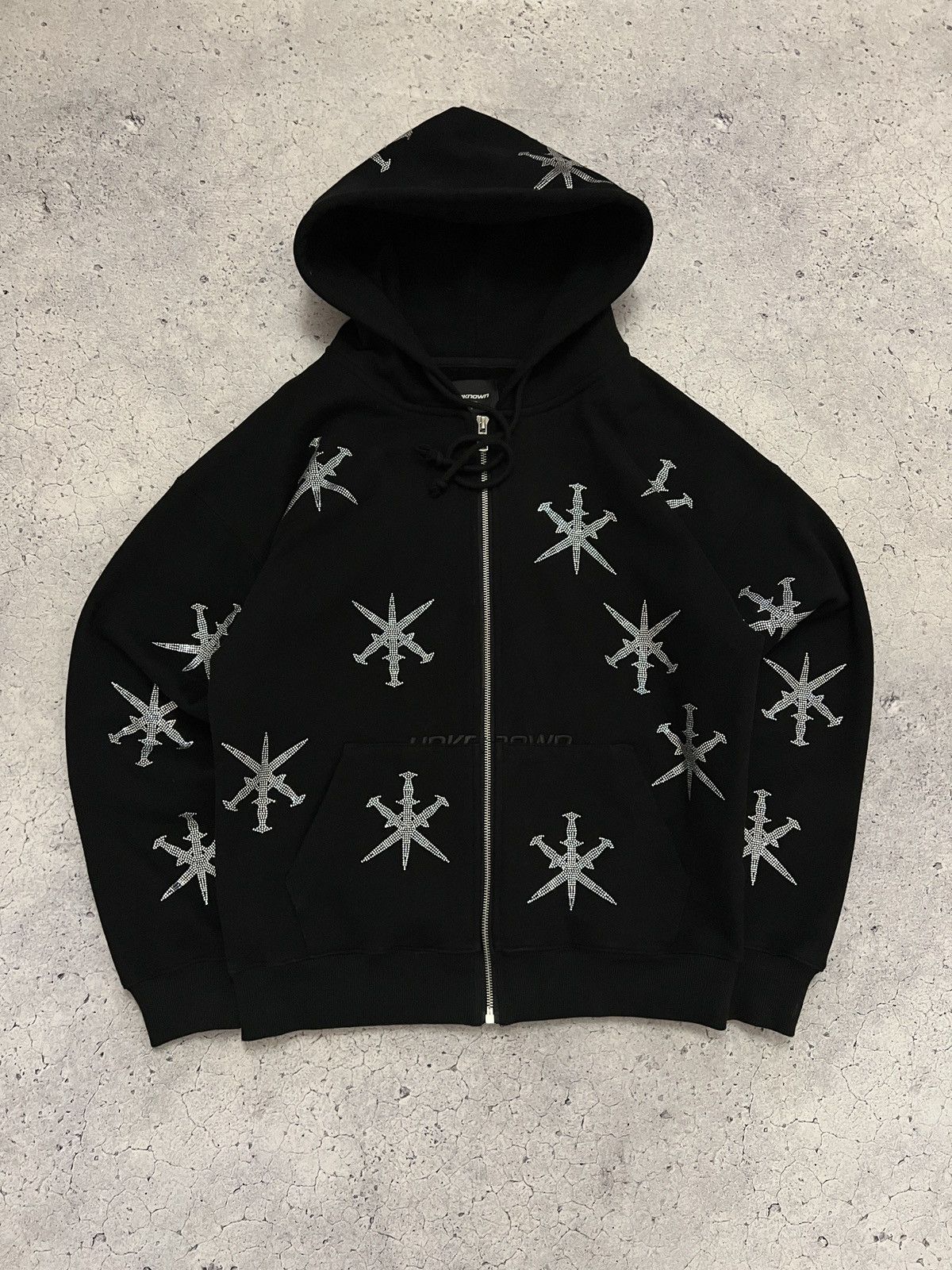 image of Unknown London Rhinestone Dagger Hoodie in Black, Men's (Size Small)