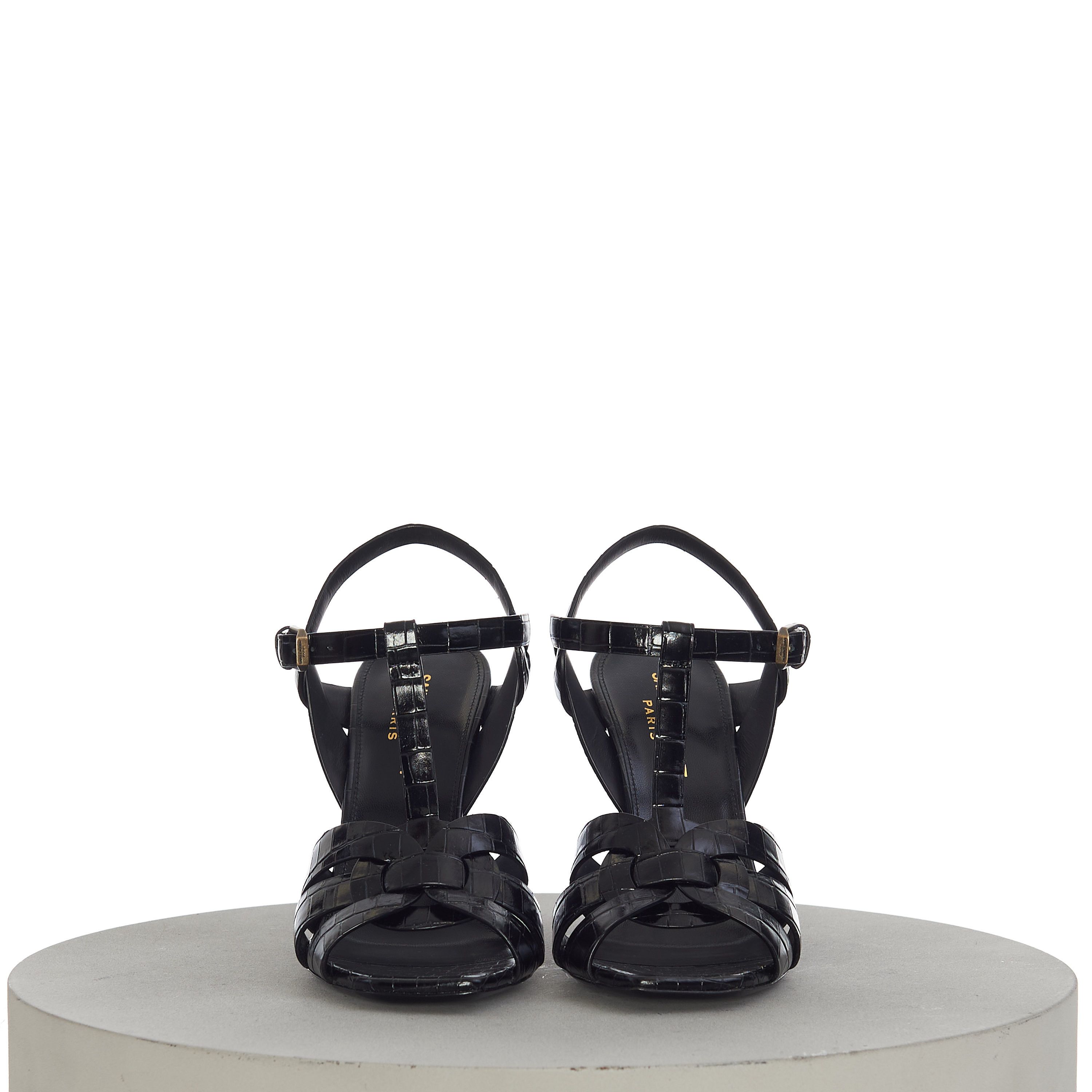 Saint Laurent Paris Tribute Sandals In Black Crocodile-Embossed Shiny Leather Size US 6.5 / IT 36.5 - 3 Thumbnail