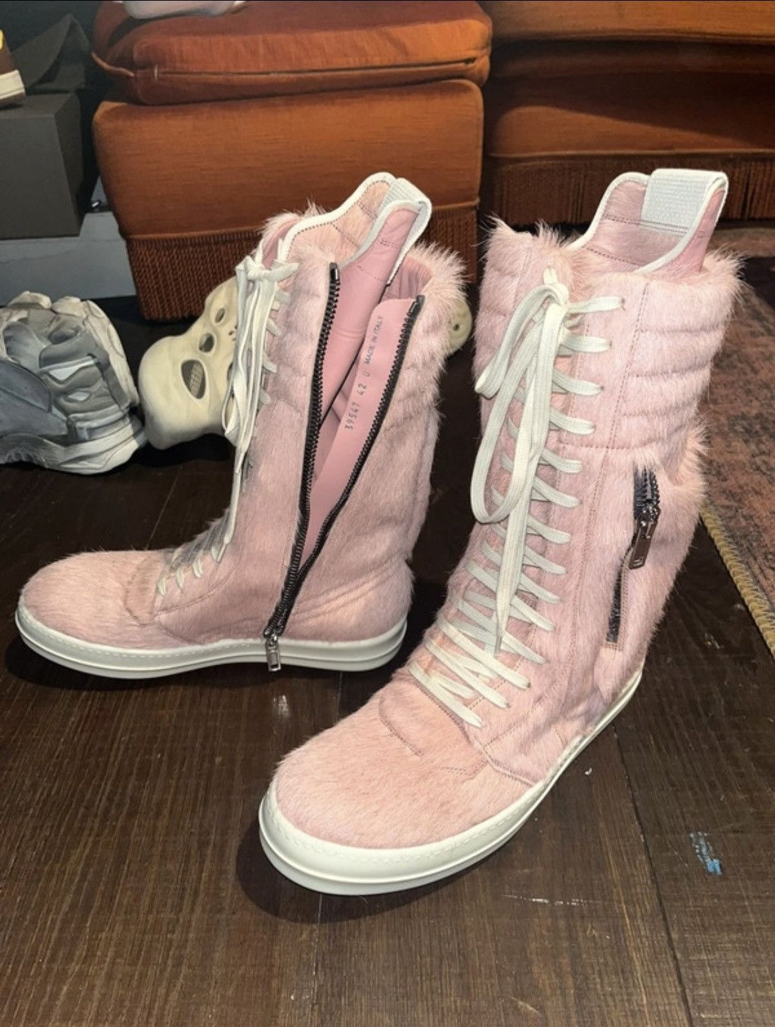 image of Rick Owens Dirty Pink Fur Cargo Basket Shoes, Men's (Size 9)