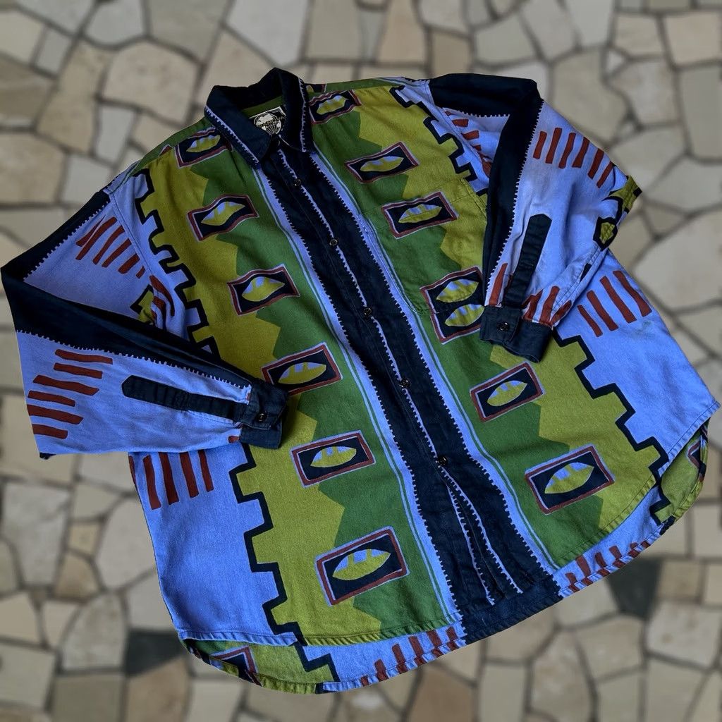 Vintage VINTAGE Terranova Button-Down Shirt Long Sleeve Geometric Pattern Men’s Medium Blue / Green / Red Knit Cotton Regular 90s Fashion Shirts Mens Size US M / EU 48-50 / 2 - 1 Thumbnail