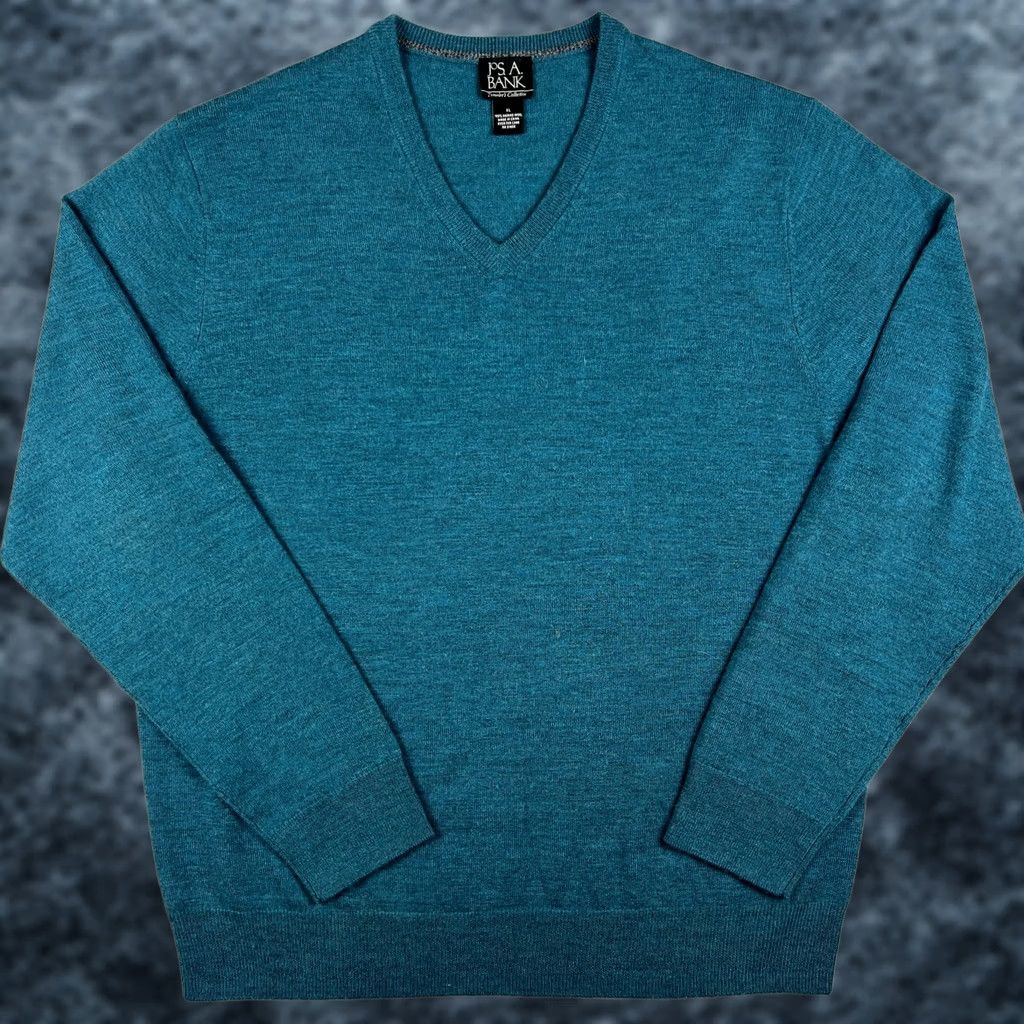 Jos. A. Bank Jos A Bank Sweater V-Neck Knit Pullover XL Men Blue Long Sleeve 100% Merino Wool Size US XL / EU 56 / 4 - 1 Thumbnail