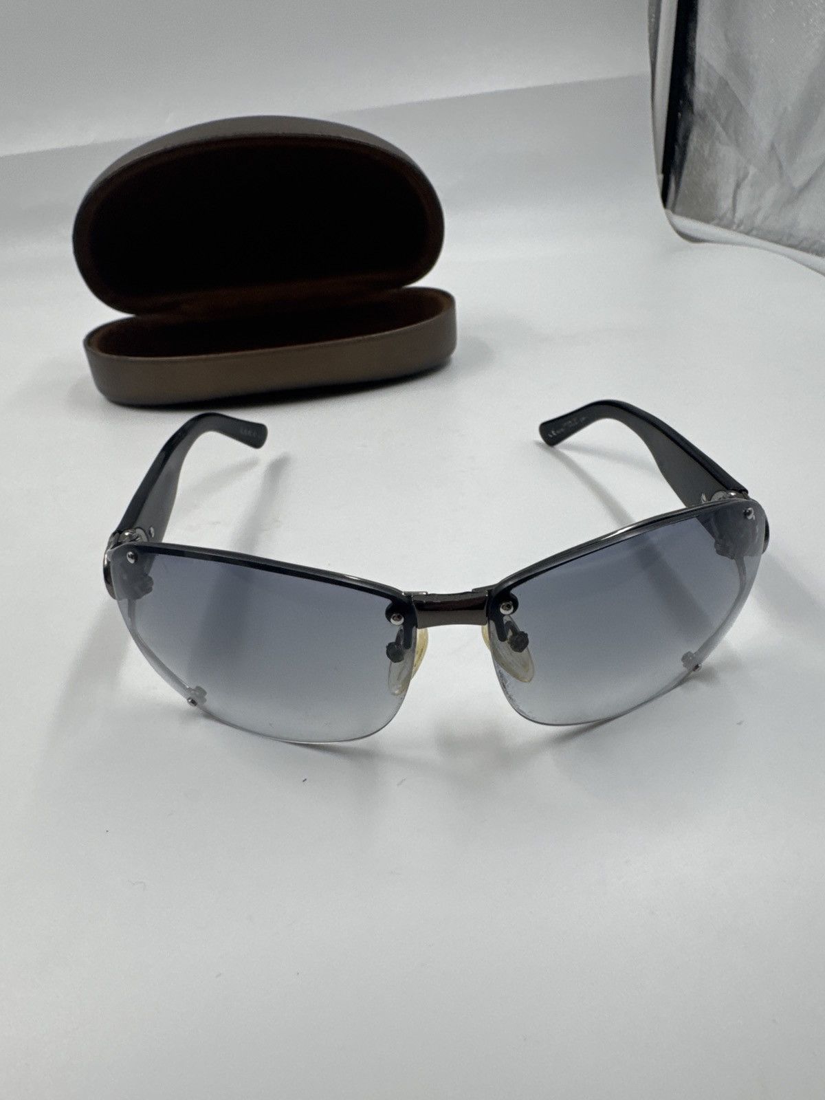 Gucci Grey Rimless Shield GG Crystal Sunglasses
