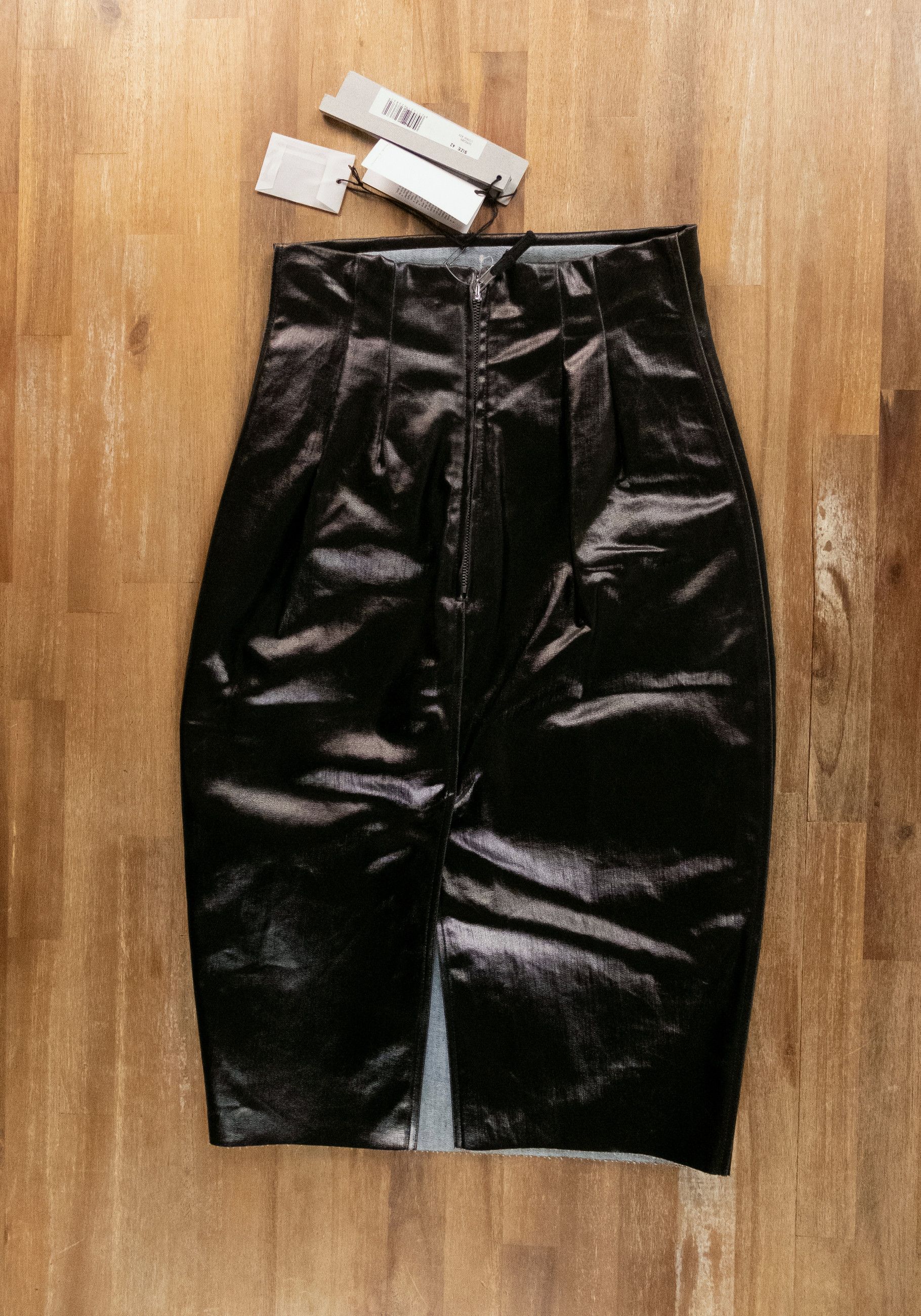 RICK OWENS Knee Al Pillar black pleated coated denim skirt