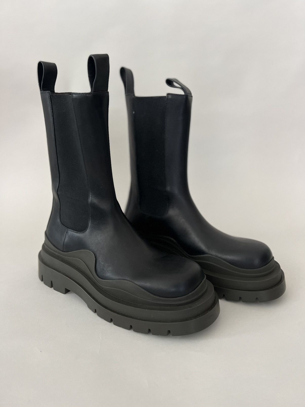 Black Tall Tire Chelsea Ankle Boots with camping sole