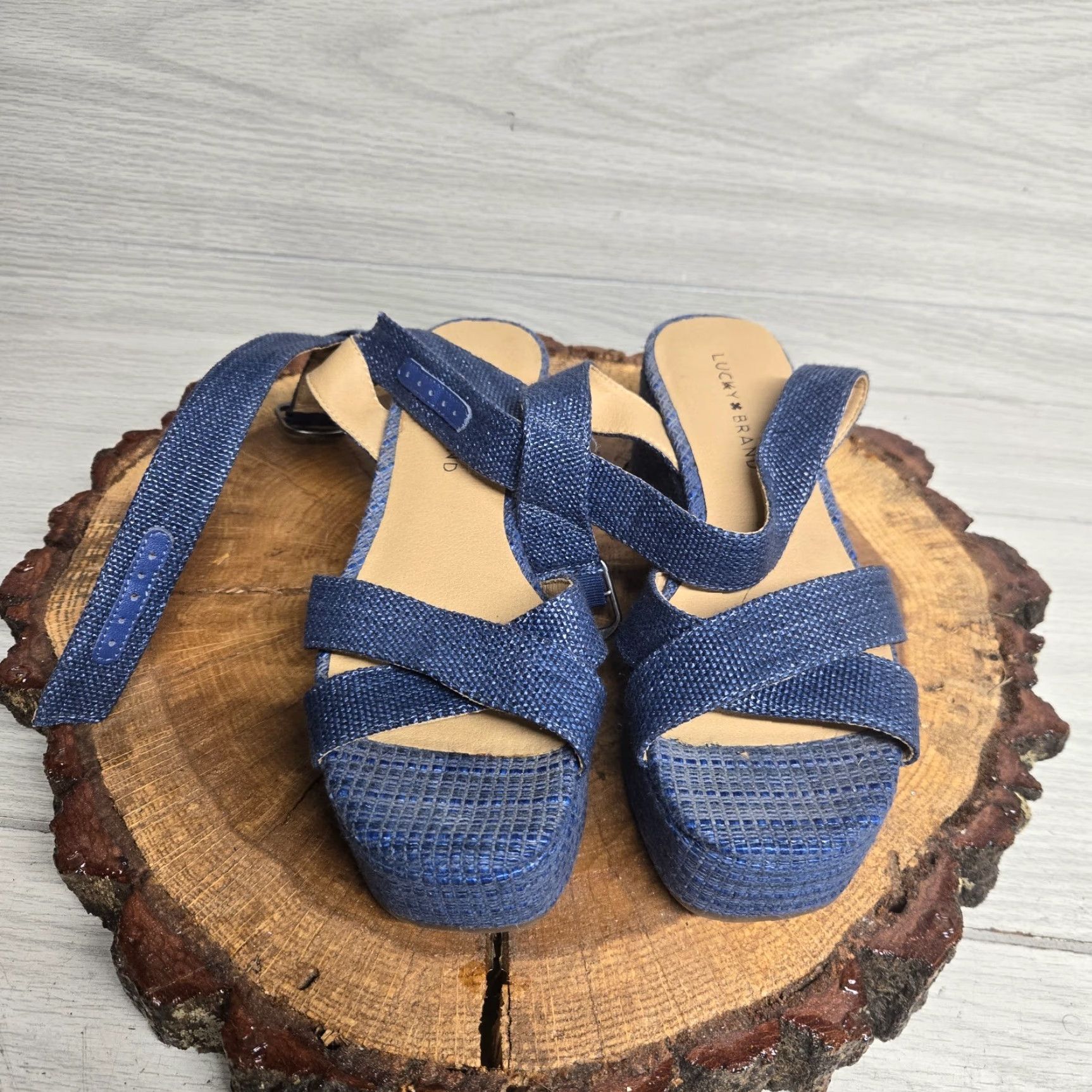 Lucky Brand Lucky Brand Bikaro Denim Espadrille Wedge Sandals - Women - 7.5 M - Blue - Strappy Ankle Strap - Vintage? No (Casual Summer) Size US 7.5 / IT 37.5 - 3 Thumbnail