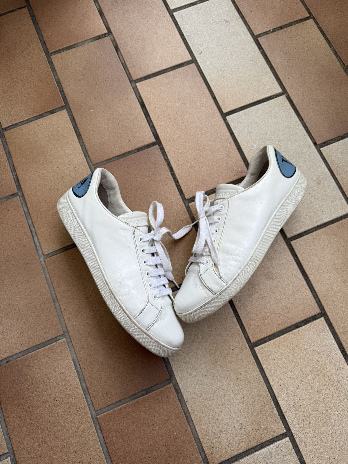 Leather Prada Low Top Shoes Sneakers Comic Logo Flats in White, Men's (Size 8.5)