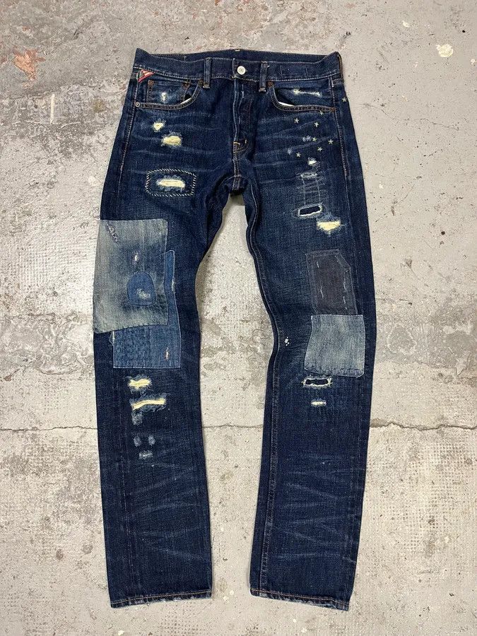 Polo Ralph Lauren 2000s Ralph Lauren Blue Patchwork Effect Slim Denim Jeans Size US 33 - 1 Thumbnail