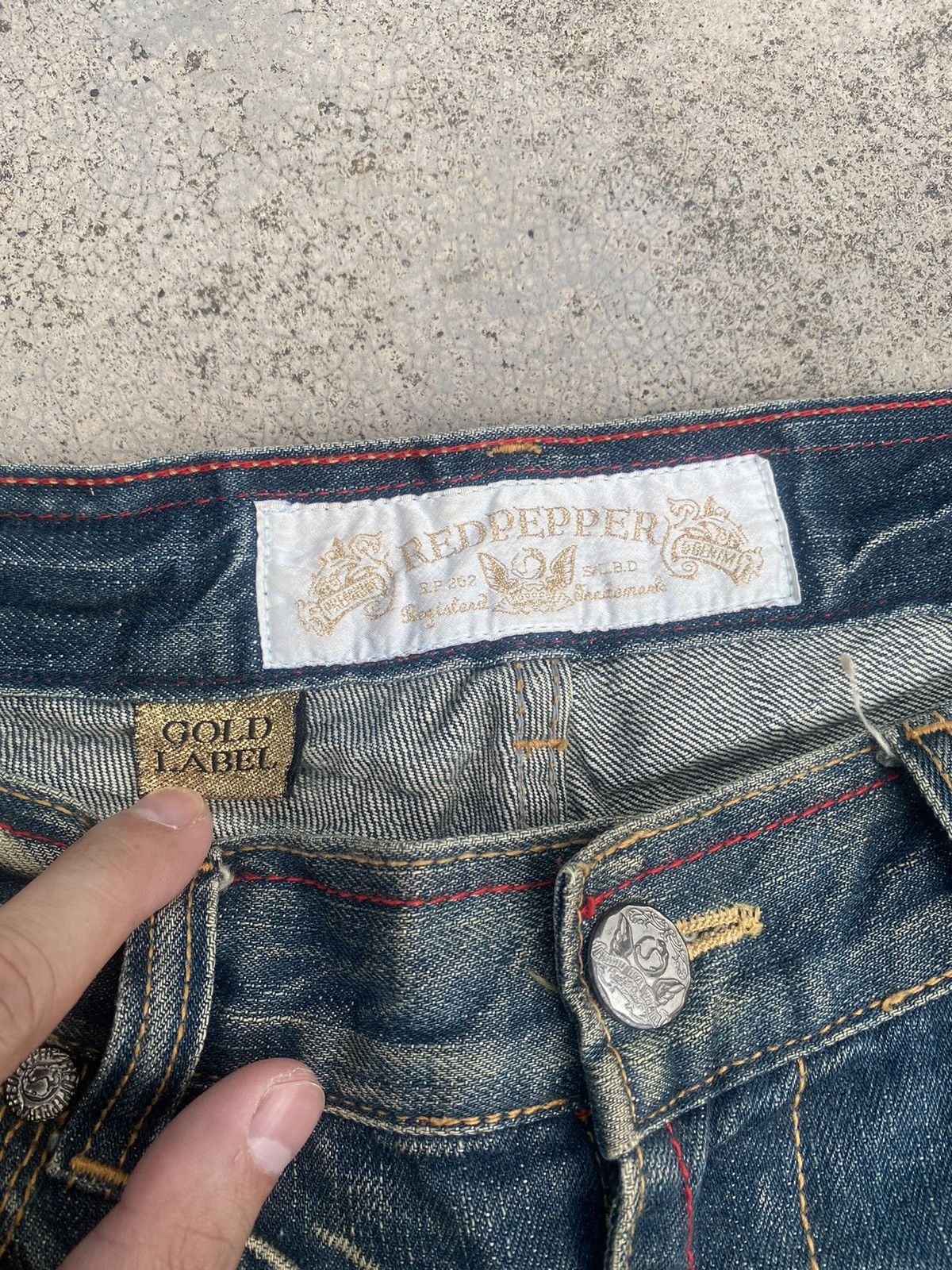 If Six Was Nine × Japanese Brand Flare Jeans Red Pepper Honeycomb Clawmark Splash Size US 33 - 11 Thumbnail