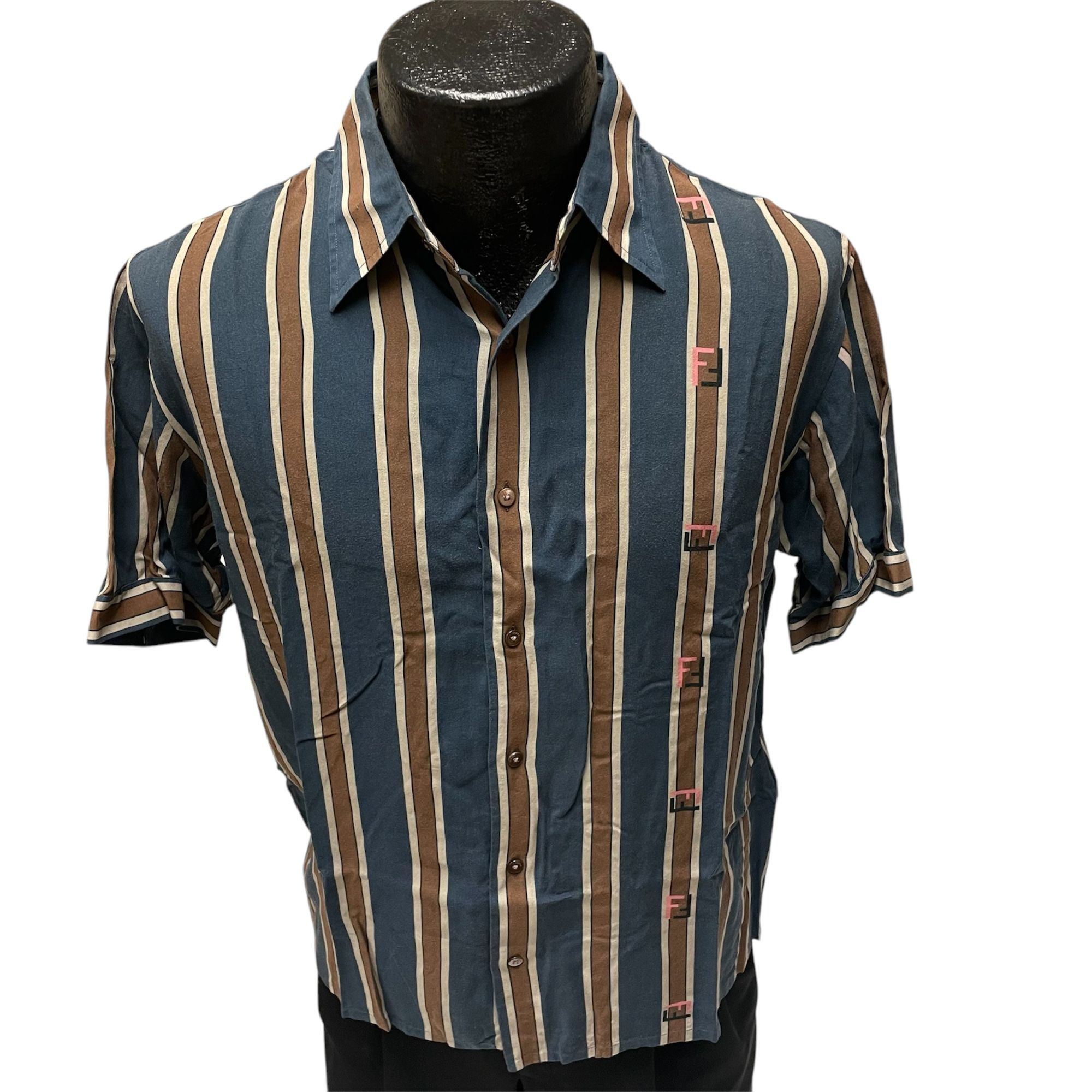 Fendi Fendi Blue Stripe PANEL Logo Rayon Rockabilly Shirt Size US M / EU 48-50 / 2 - 2 Thumbnail