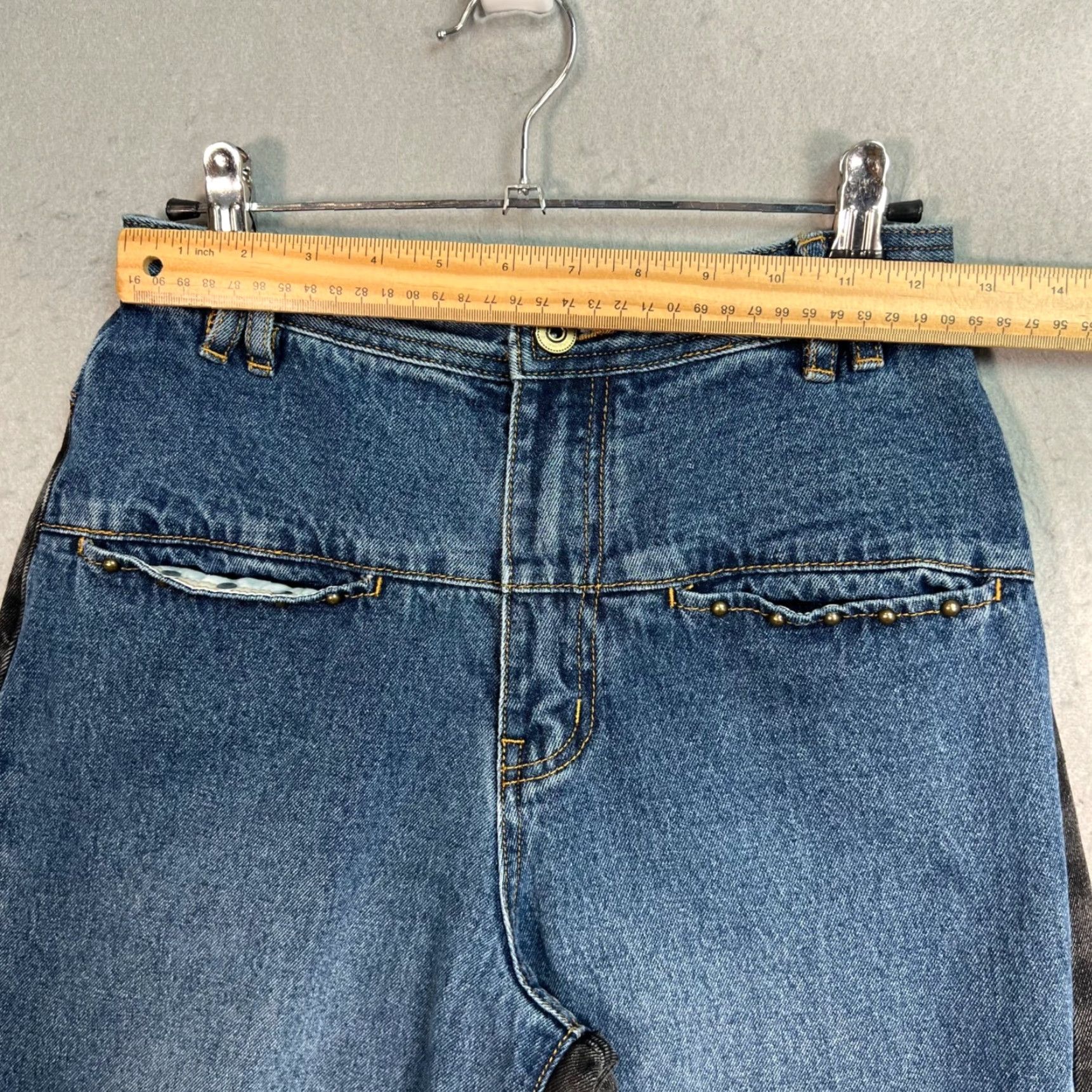 Denime PRPR Womens Jeans Black Blue Two-Tone High-Waist Denim With Stud Detail Size Small Adult Womens Wide-Leg Inseam 30 in 25 in Vintage No Size 42" / US 20 - 5 Thumbnail