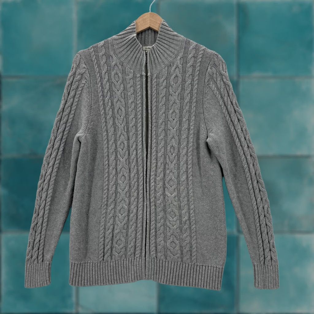 Vintage L.L.Bean Cardigan Sweater Womens Large Gray 100% Cotton Cable-Knit Full Zip Mock Neck Winter Size L / US 10 / IT 46 - 1 Thumbnail