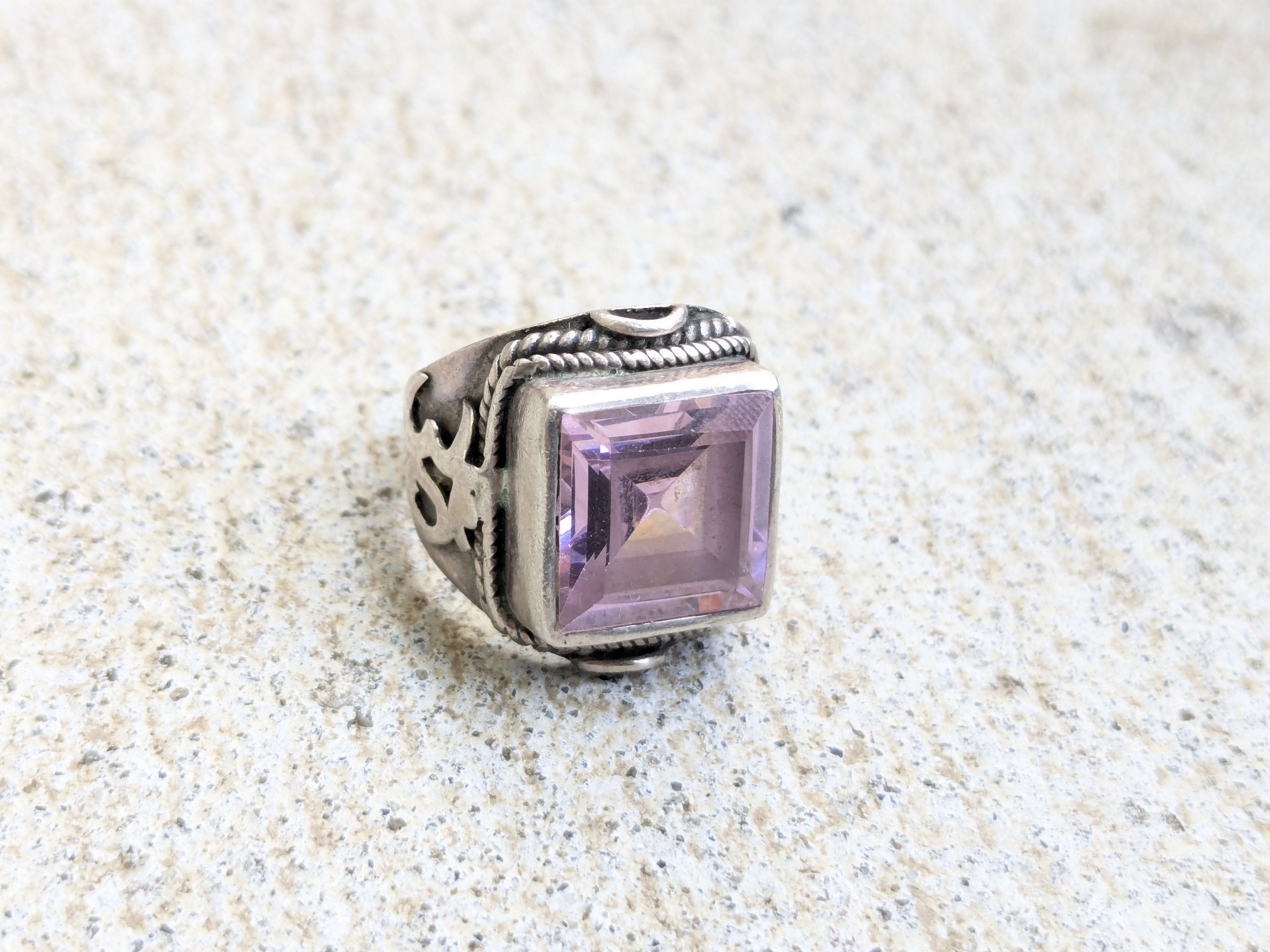 Jewelry × Vintage Vintage Sterling Silver Ring Pink Topaz 7.25 Square Ohm Om Size ONE SIZE - 1 Thumbnail