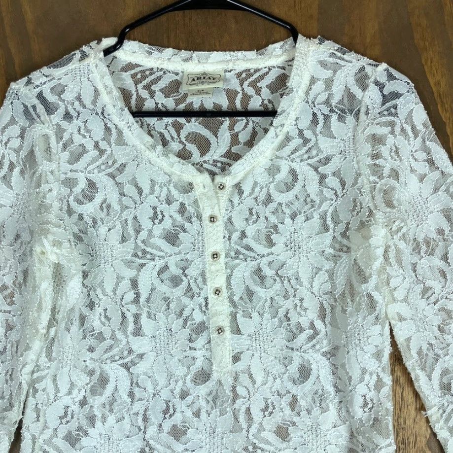 Ariat Ariat Blouse Womens White Floral Lace Long Sleeve Sheer Henley Stretch Small Size S / US 4 / IT 40 - 2 Thumbnail