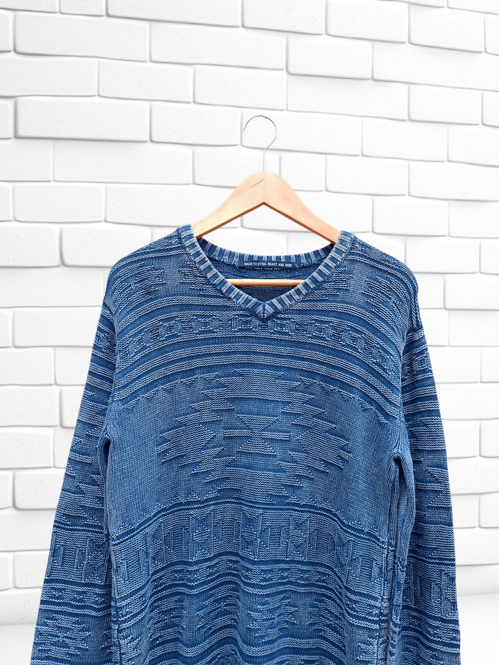 Japanese Brand Vintage Indigo Knit Denim Ortega Aztec Sweater Size US M / EU 48-50 / 2 - 3 Thumbnail