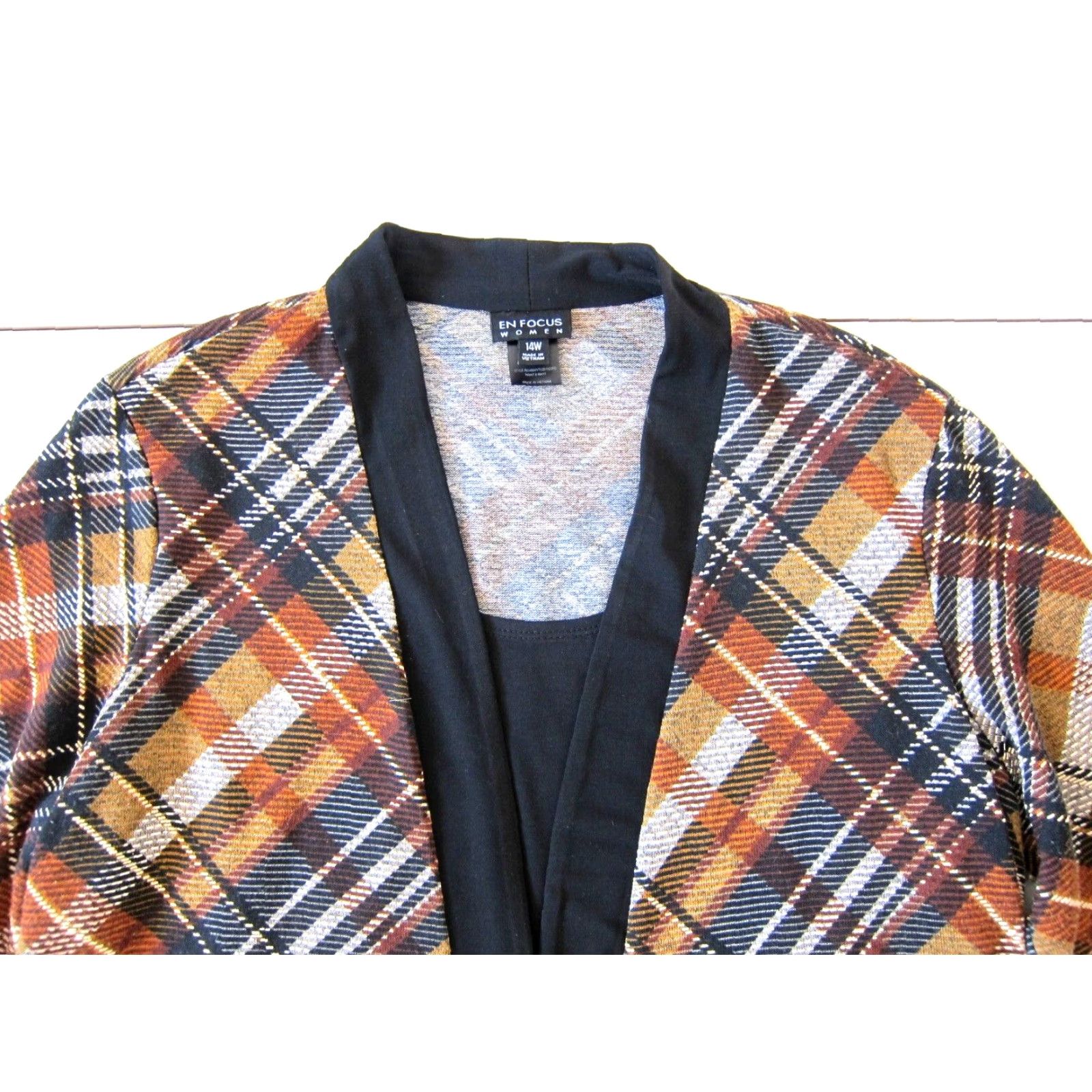 Vintage VINTAGE En Focus Women Black Brown Plaid Stretch 3/4 Sleeve Cardigan Tunic Dress 14W Size XL / US 12-14 / IT 48-50 - 7 Thumbnail