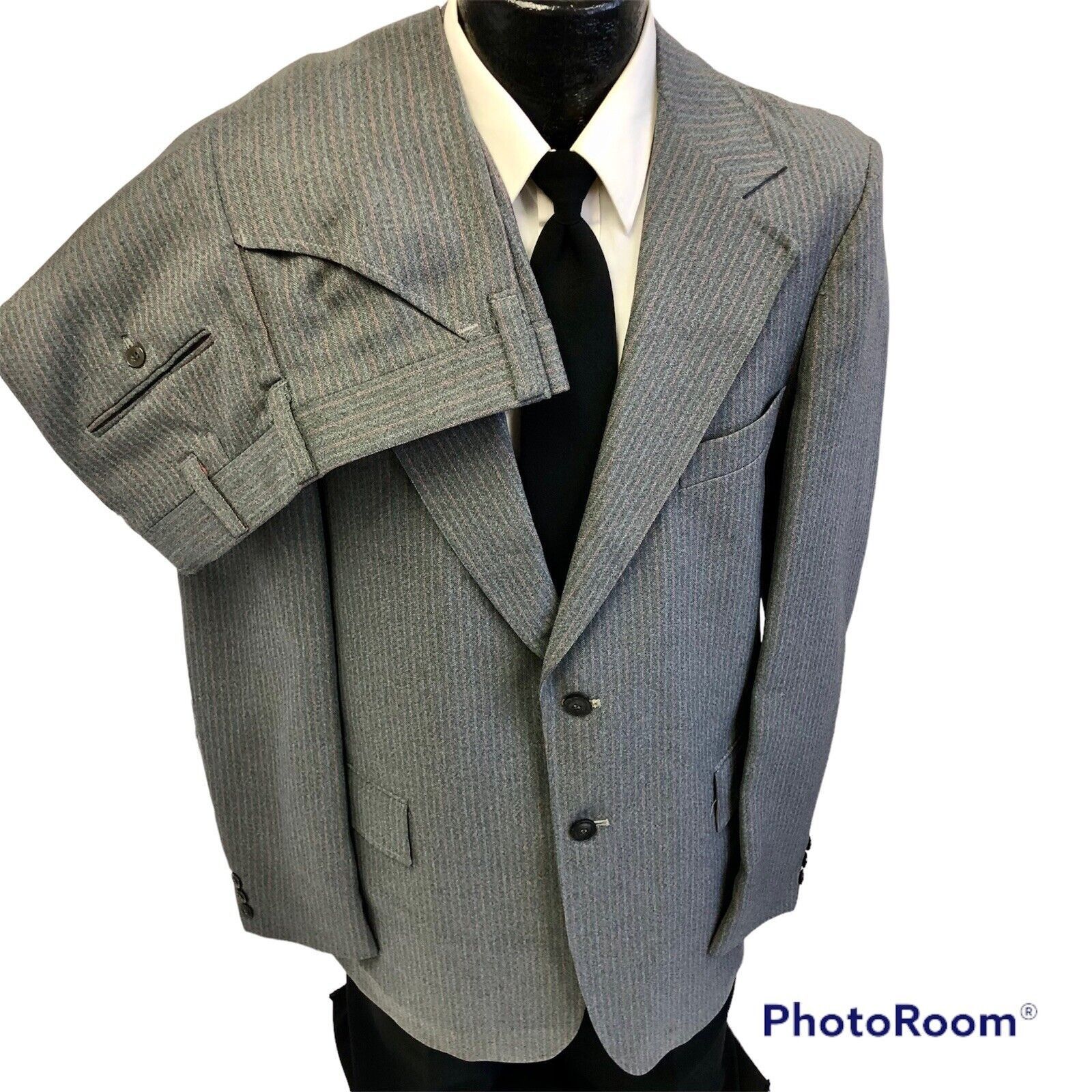 Other 2 pc Vtg Gray Red PINSTRIPE Mod DISCO Party Bell Bottom Suit Size 38R - 3 Thumbnail