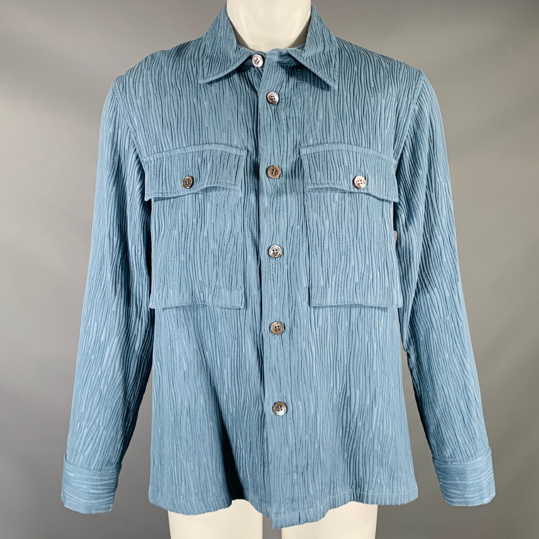 image of Taakk Blue Textured Wavy Lines Cotton Blend Worker Jacket, Men's (Size Medium)