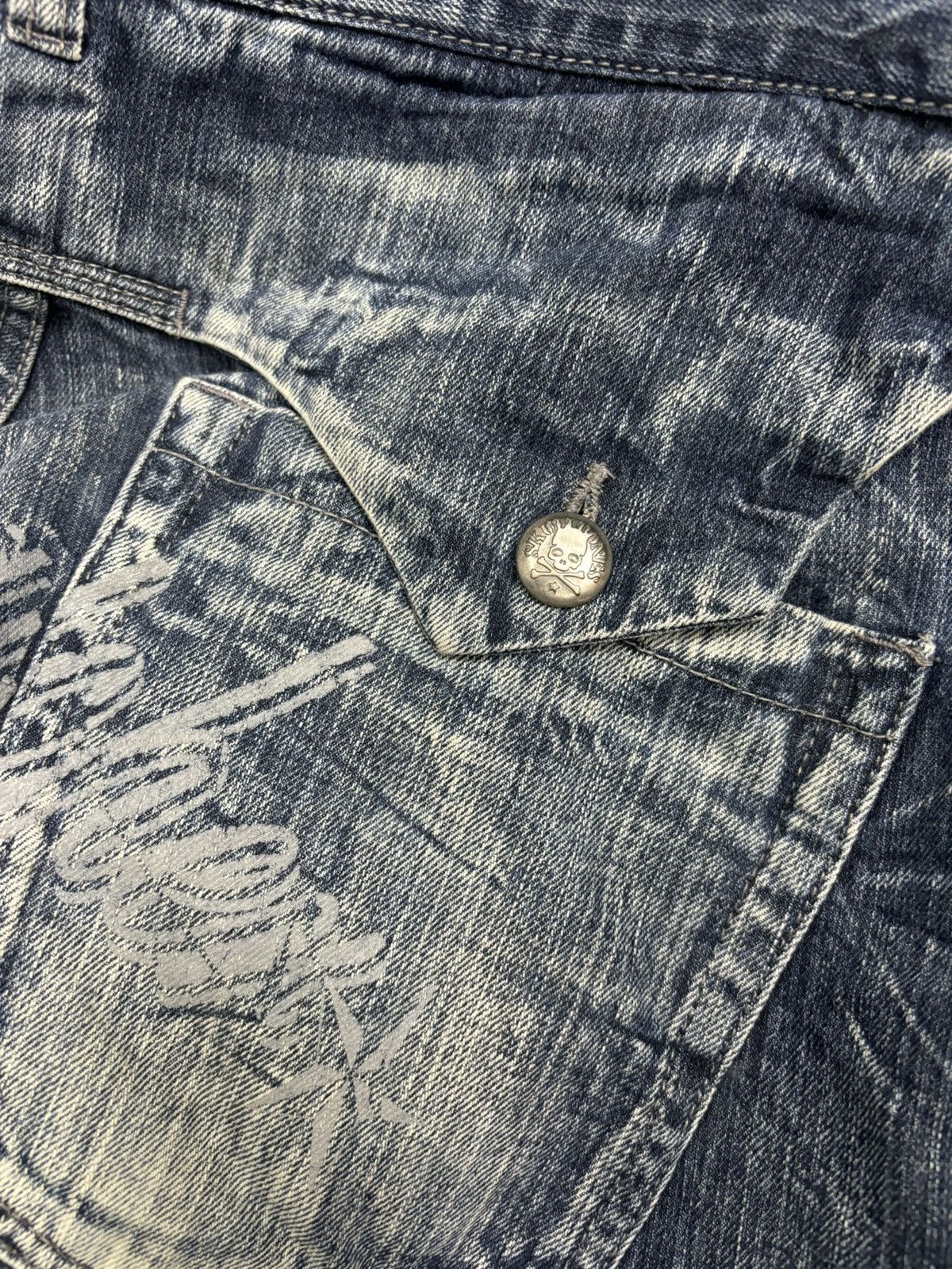 Le Grande Bleu (L.G.B.) 🔥SKULL BONES SPIDERWEB DENIM JEANS DOUBLE FOCUS Size US 35 - 12 Thumbnail