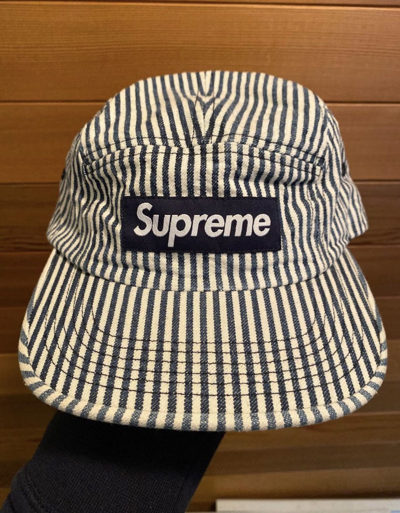 image of Supreme Denim Cap in Blue Stripes, Men's